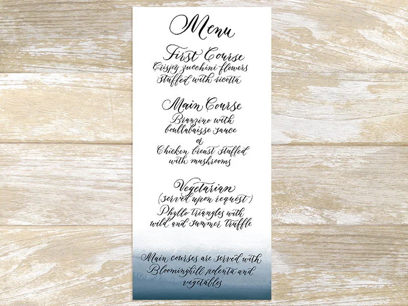 Menu For design and digital printing of 100 cards $400. - Please contact me for details