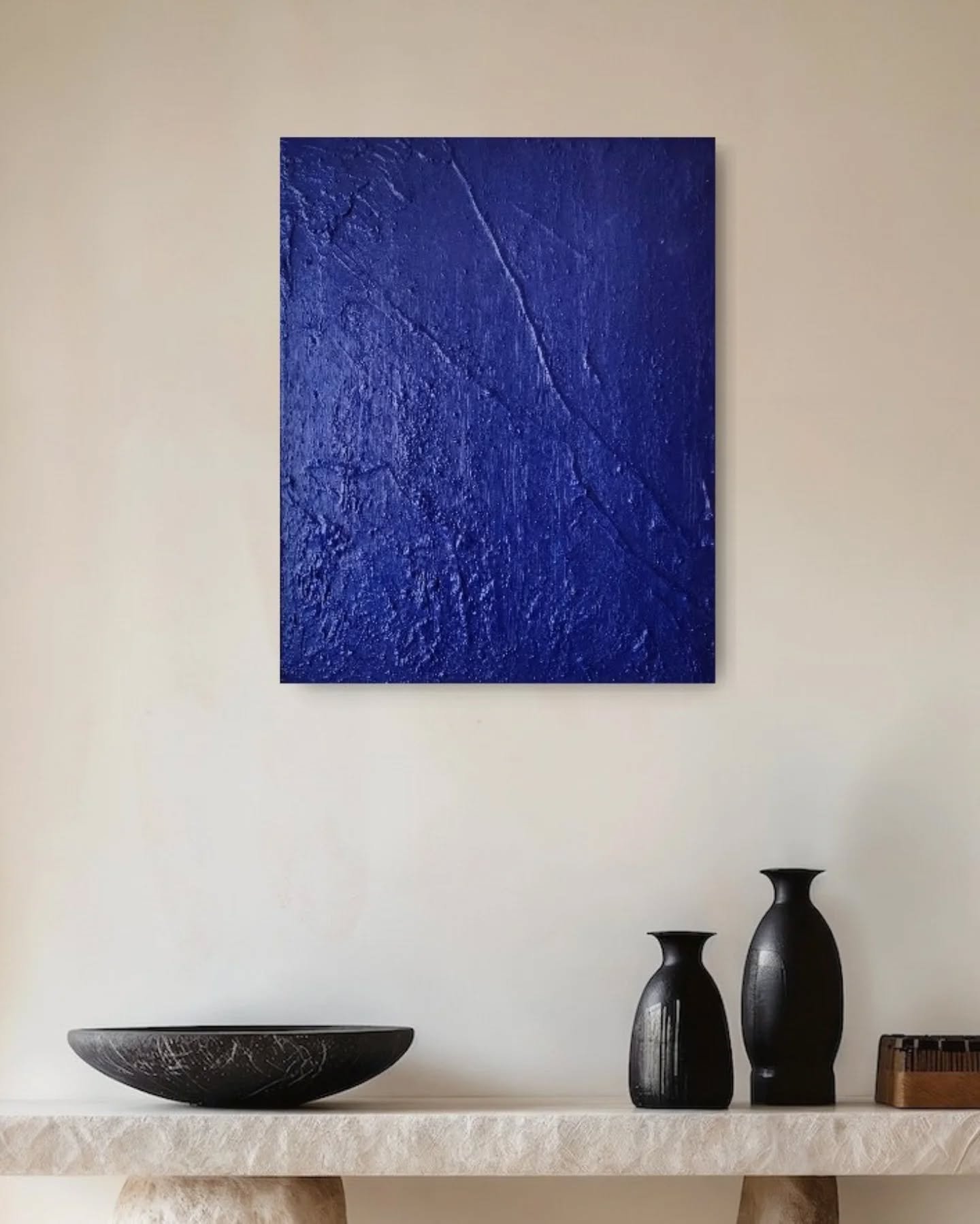 Midnight Ocean. 🌚 Reflecting stillness, rawness and inner strength, rising powerful out of the deepest blues.

A perfect match with today's full moon. 🌚

Structured painting, 50x40cm in a deep blue color. 
It can be framed in a beautiful wooden flo