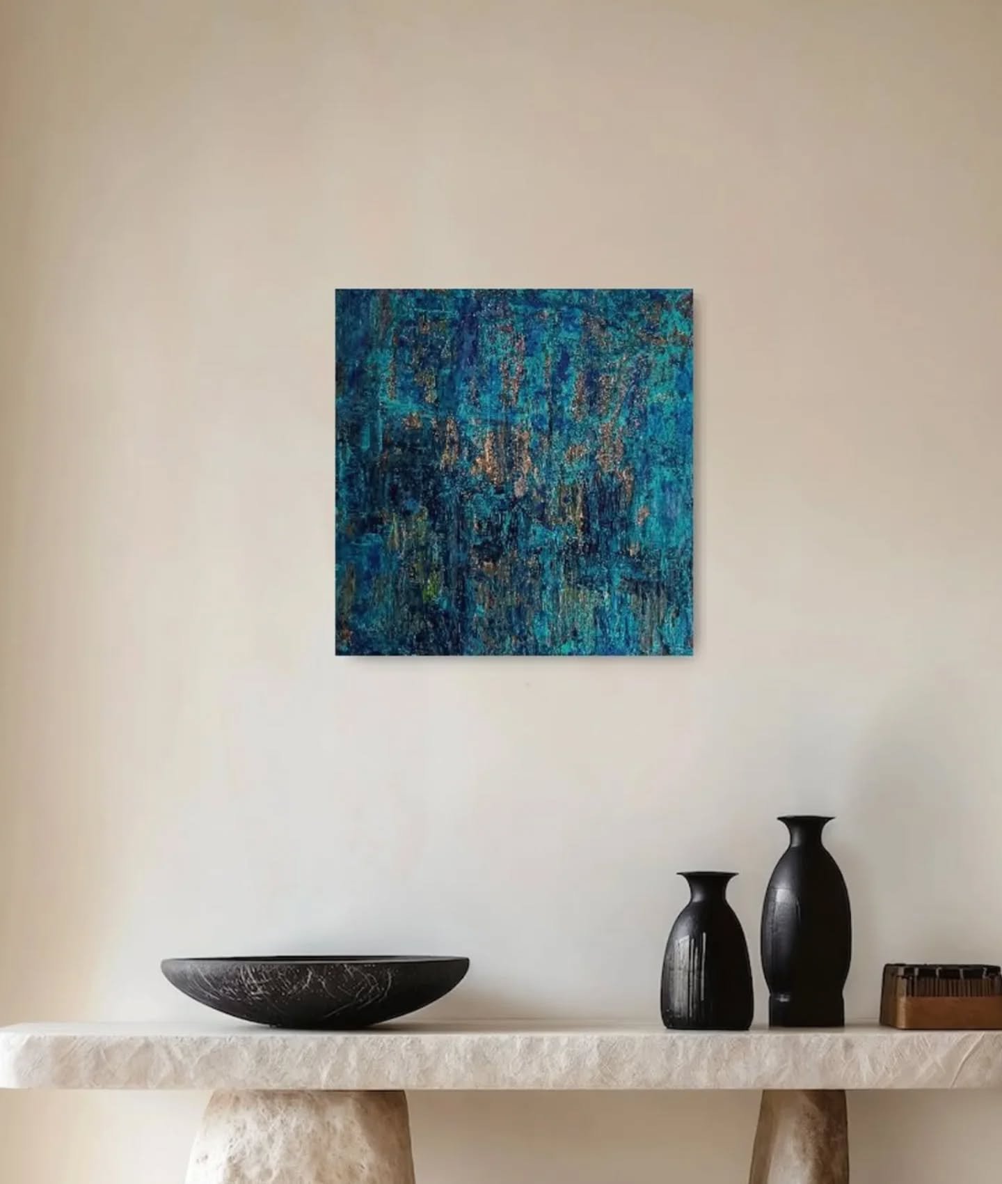 Hot days might ask for a fresh splash of water on your wall...😜 Here it is. 

Aquatopia. ☺️🩵💨✨☀️ With a golden touch. 

New work available. 30x30cm

#colorfulart&nbsp;#interiordecoration #acrylicpainting #contemporaryart #abstractart col