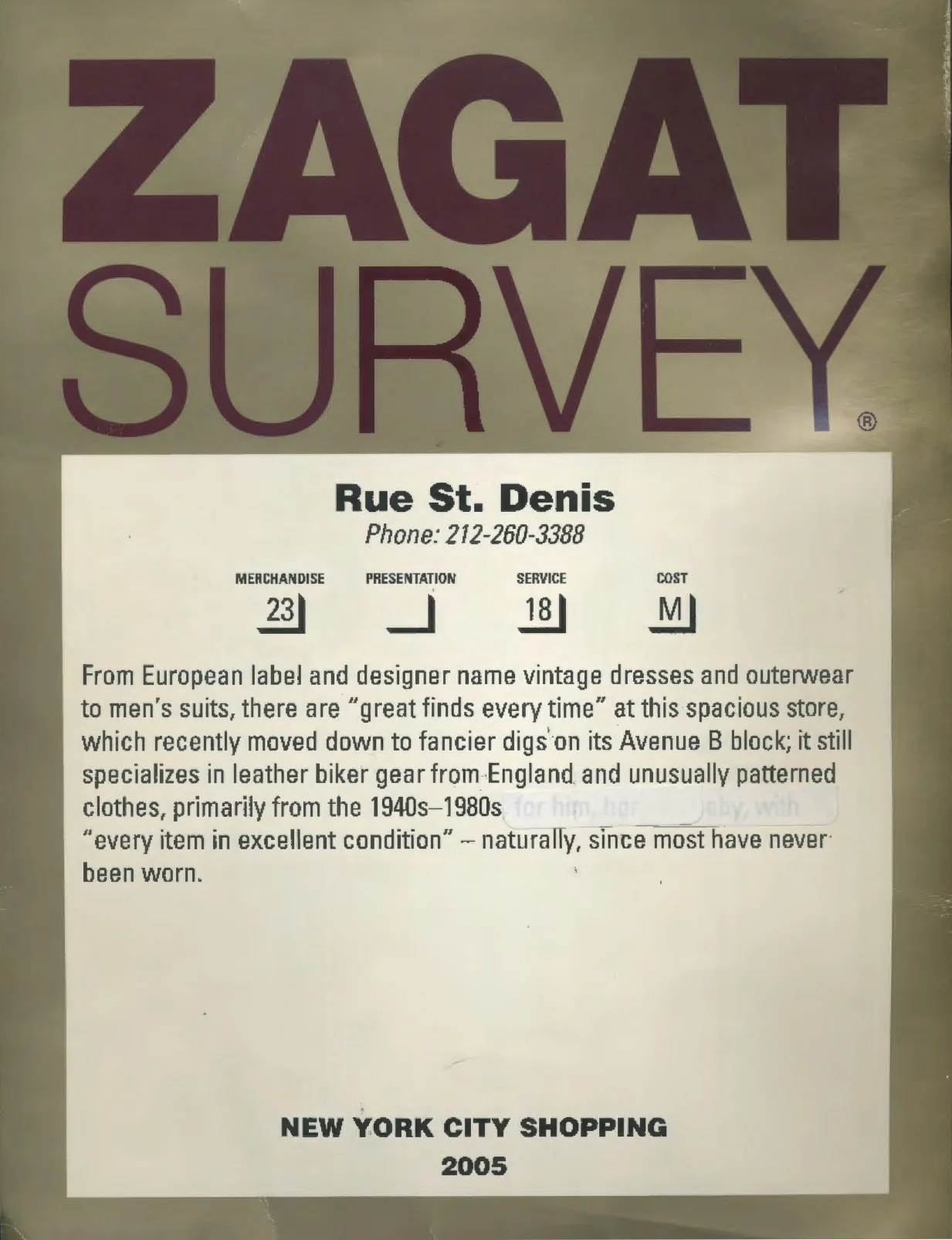 ZAGAT SURVEY, 2005
