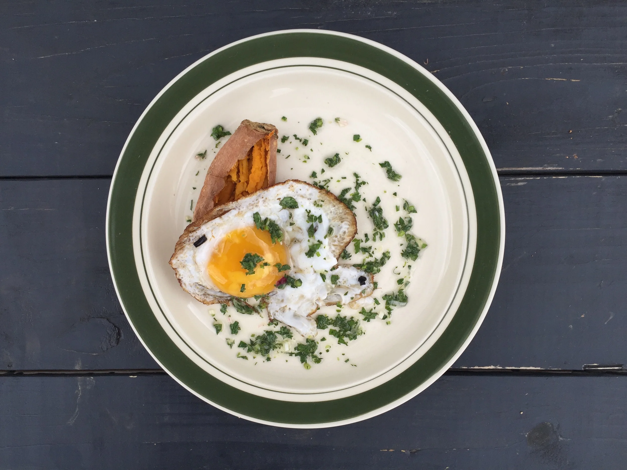 The second course from our April Biofarm to Table Dinner. Duck egg, slow roasted sweet potato, with a chimichurri sauce.