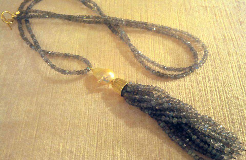 Labradorite and Baroque Pearl Tassel Necklace