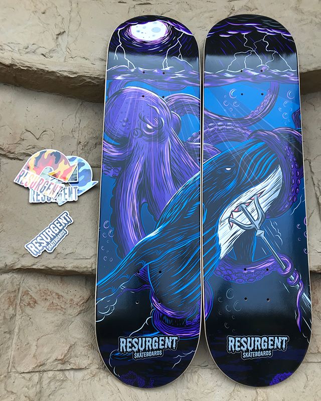 @resurgent_skateboards decks are in and they&rsquo;re siiick! im super proud of these. skateboarding is the reason i became an artist/designer, so to pull the two together is very fullfilling. #shredtillyouredead #skateart #skateboardart #adobedraw #