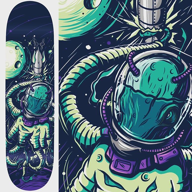 finally finished this one up ! 👽🐙👨&zwj;🚀 #astronautical #skateboardart #adobedraw #applepencil #ipadproart #ipadpro #vectorillustration #graphicdesigner #octopusart #astronaut #skateart