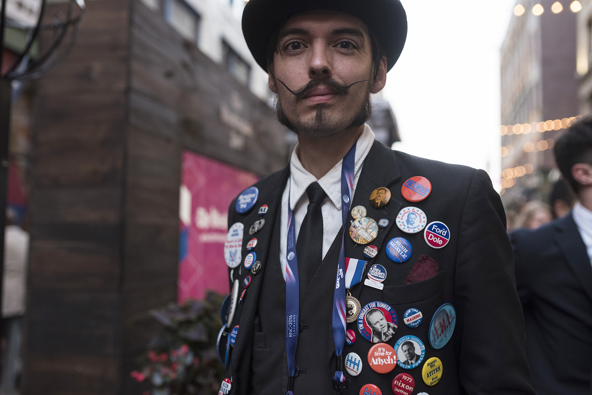 Xander Almcida, a prepublican from Portland, Oregan, who have been collecting Republican presidential nominee pins for years, poses for a portrait on Tuesday July 19th, in Cleveland, Ohio. (G-Jun Yam/The Columbia Chronicle)