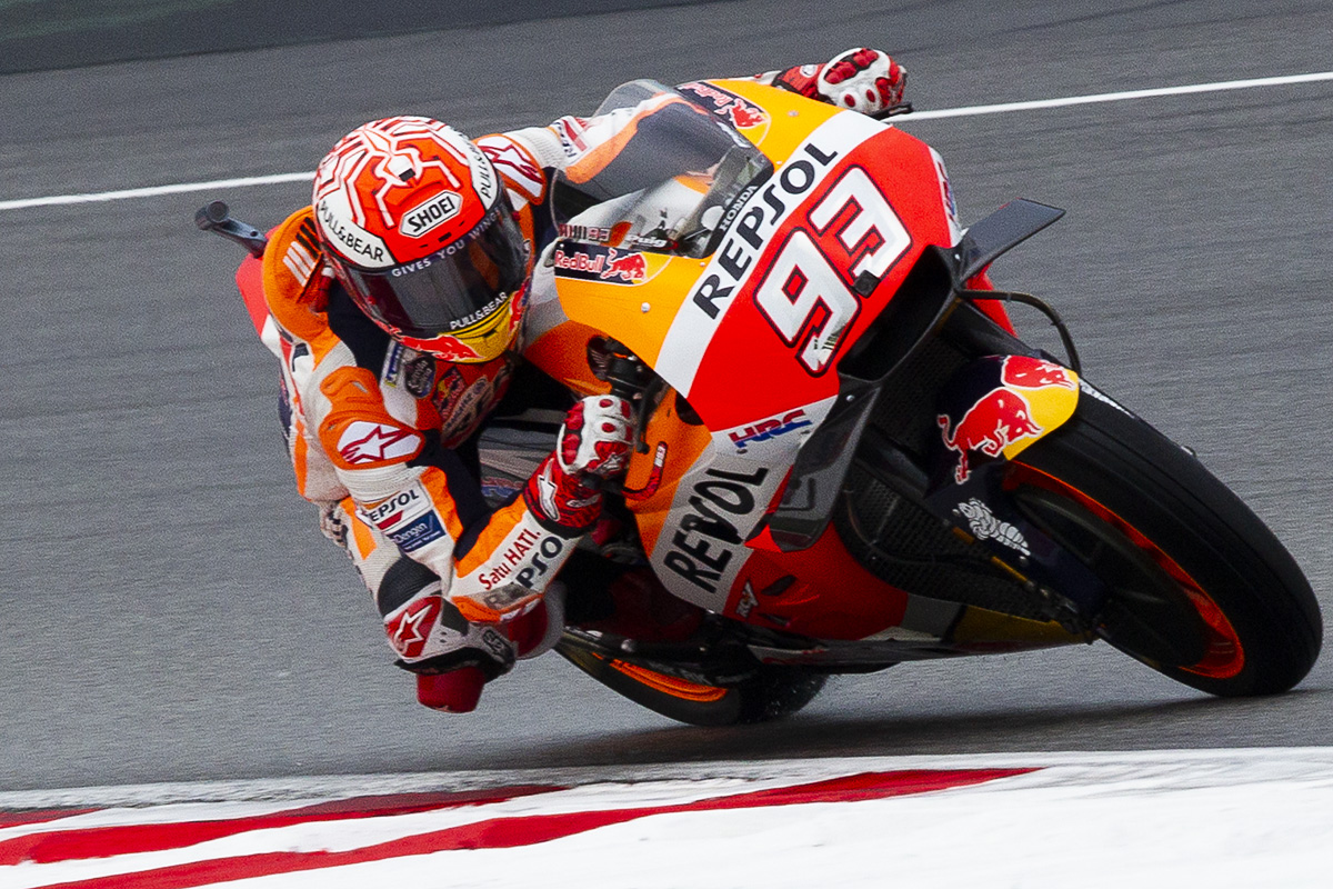 Honda rider Marc Marquez of Spain rides his bike during qualifying at the Sepang International Circuit in Sepang, Malaysia, Saturday, Nov. 3, 2018. (AP Photo/Yam G-Jun)