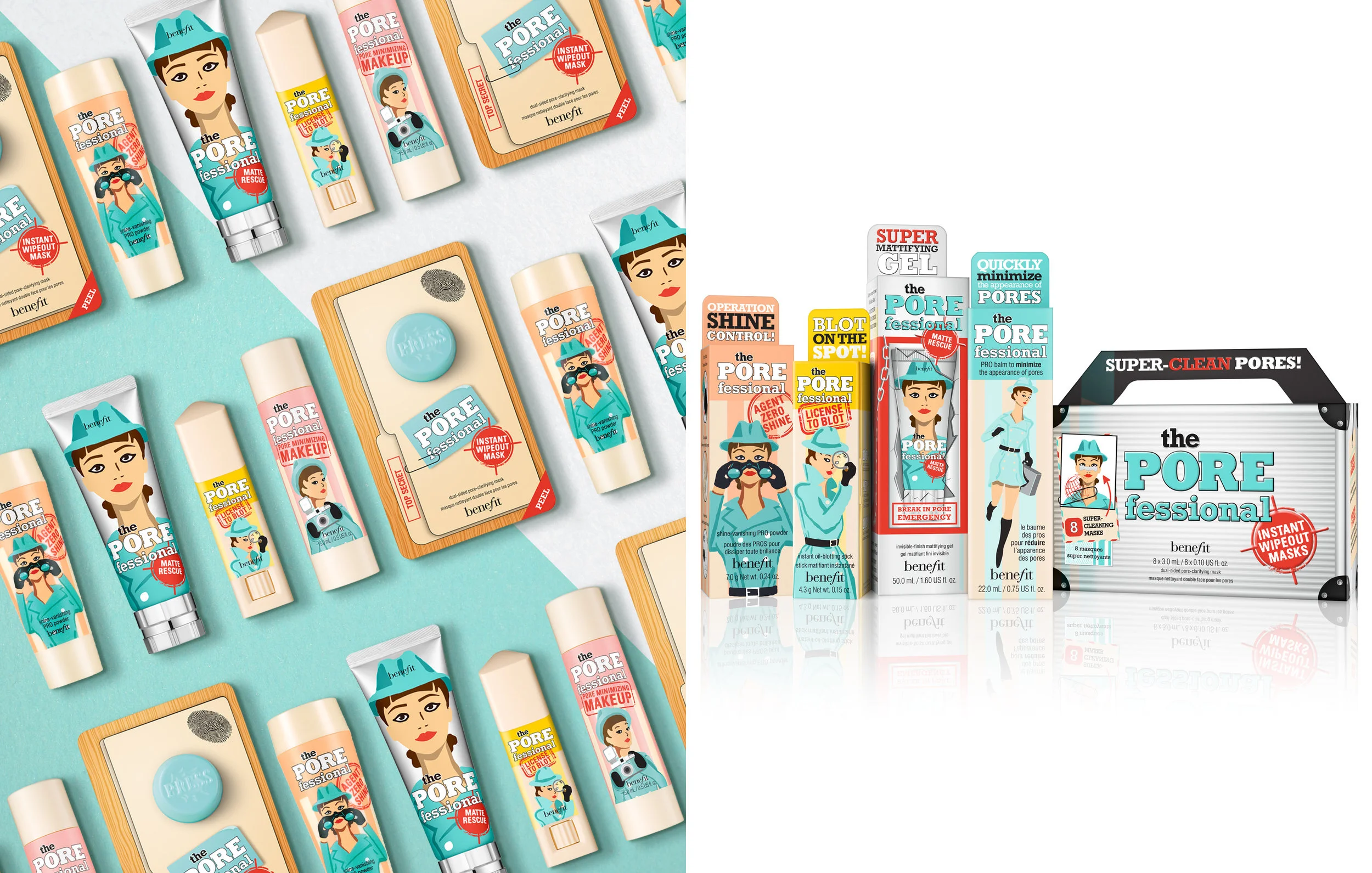 The growing Porefessional family of products needed coming book inspired packaging and marketing campaigns. I designed the packaging featuring Spygal and art directed a whole series of comic-style campaigns that were illustrated by an well-known com