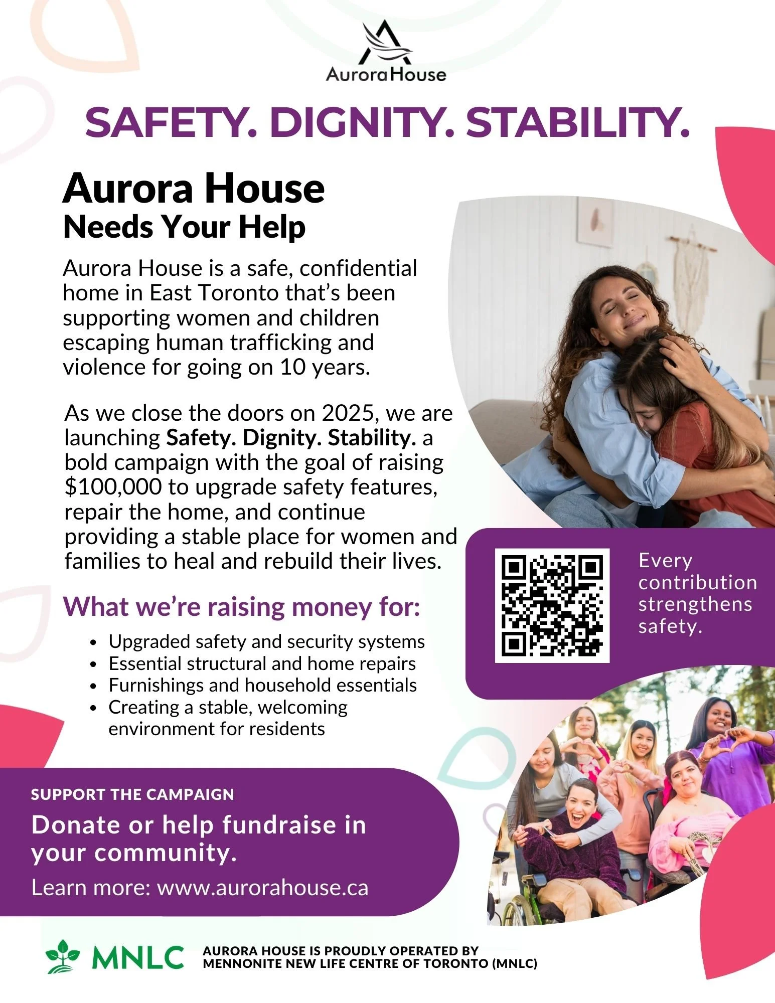 Flyer for Aurora House campaign featuring a smiling woman and child hugging, with a group of diverse women and children outdoors, and text promoting safety, dignity, stability, and fundraising efforts.