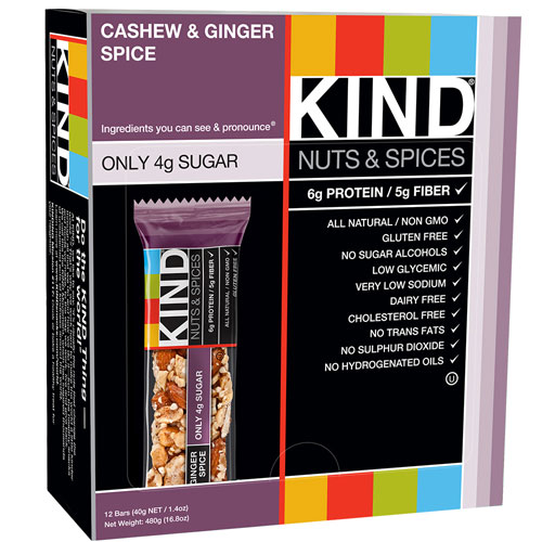 2. KIND Cashew and Ginger Spice Calories: 200 Fiber: 5g Protein: 6g Sugar: 4g