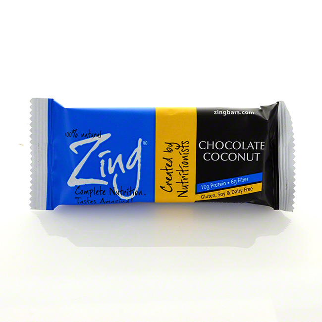 4. Zing Chocolate Coconut Single Bar Calories: 210 Fiber: 6g Protein: 10g Sugar: 13g