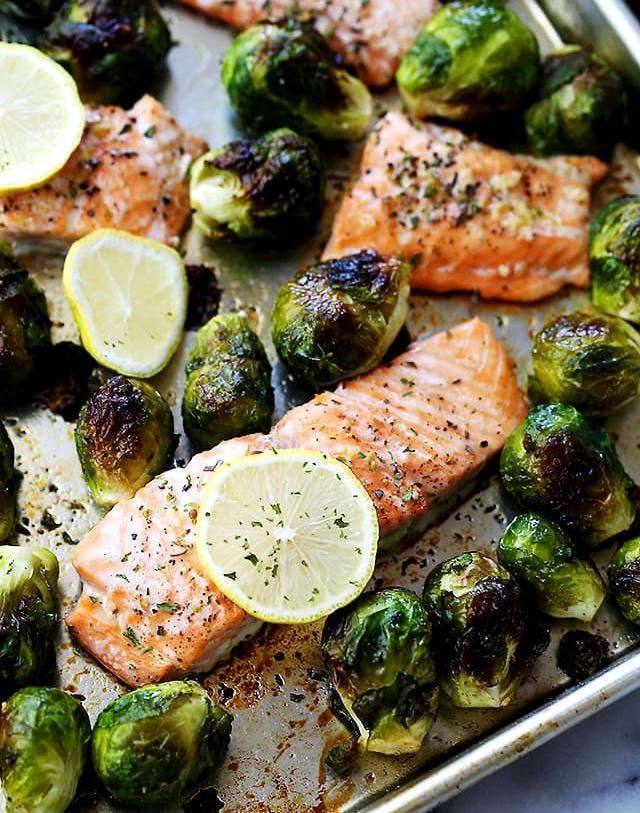 5. Garlic Roasted Salmon with Brussels Sprouts . See recipe here .