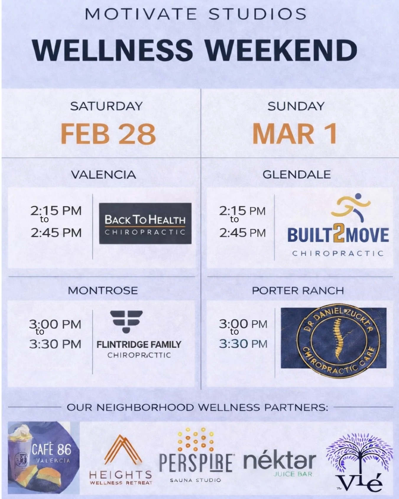 This Saturday (Feb 28) and Sunday (Mar 1), we&rsquo;re teaming up with local chiropractic partners for free 30-minute mobility workshops at select Motivate locations:

📍 Valencia &mdash; Sat, Feb 28 @ 2:15&ndash;2:45 PM with Back To Health Chiroprac