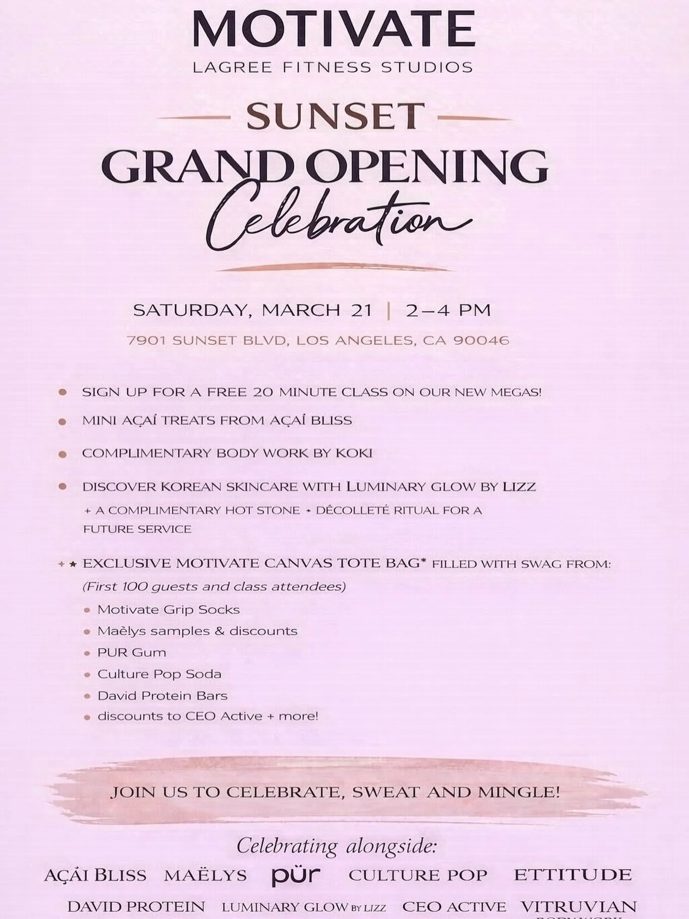 The Sunset Studio is having it&rsquo;s Grand Opening &mdash; come celebrate with us 🌅✨ Join us tomorrow, Saturday March 21 from 2&ndash;4 PM at 7901 Sunset Blvd for an afternoon of sweating, snacking, and mingling with the community 🎉

Here&rsquo;s