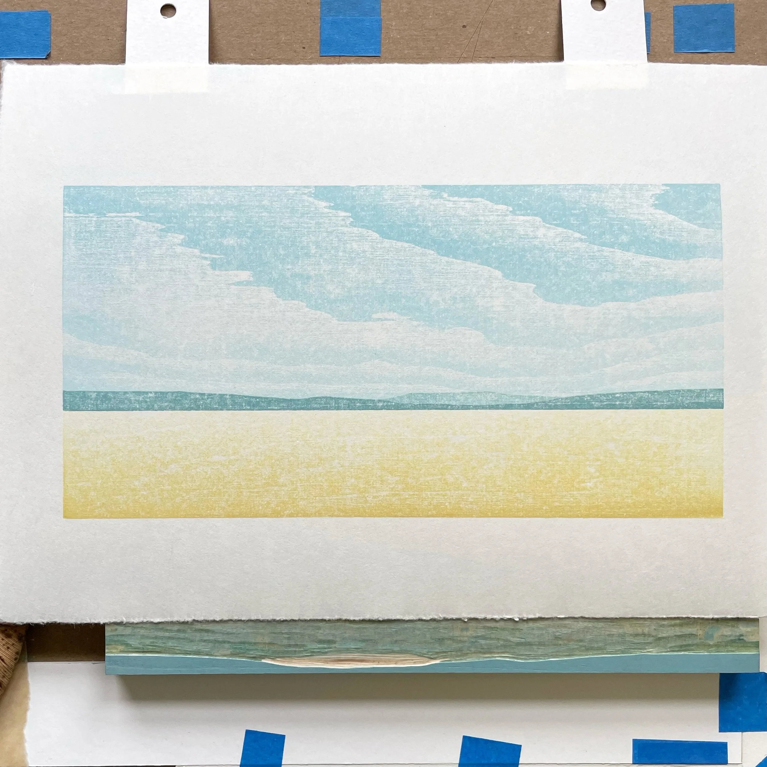 Big skies in progress. #printmaking #skagitvalley #woodblockprint #blueskies #landscapeart