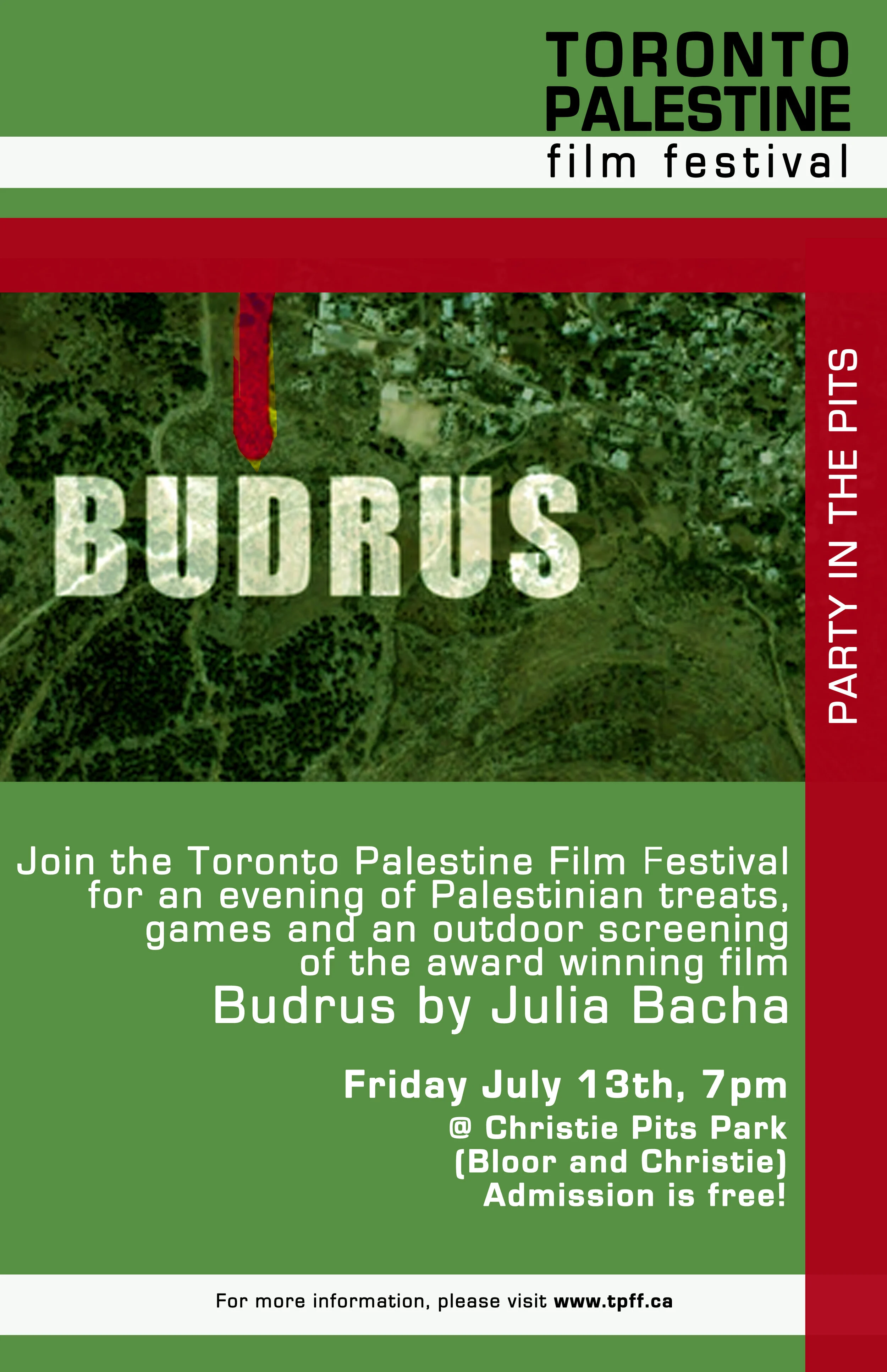 TPFF presents: Party in the Pits! Free Outdoor Screening of Budrus!