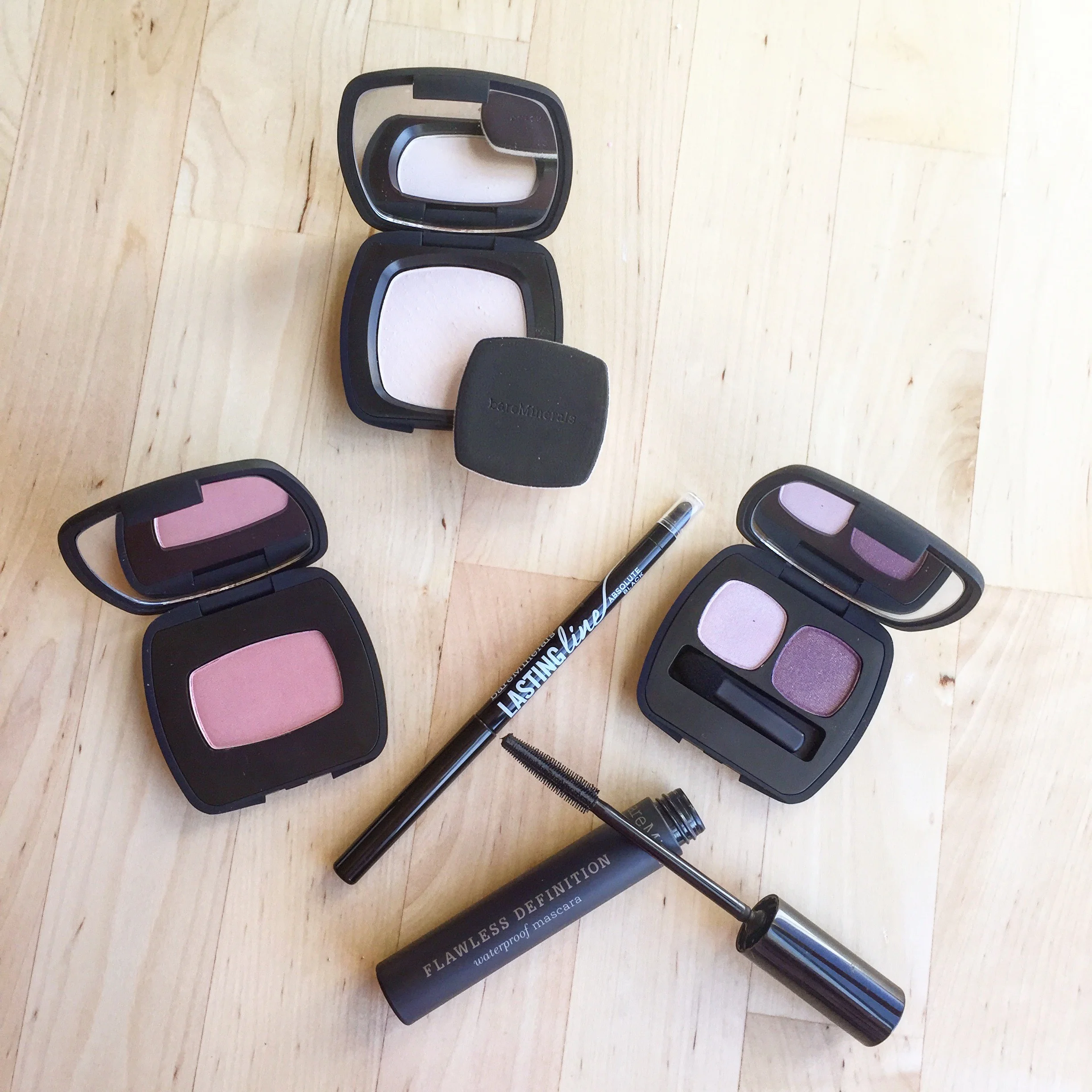 From left to right: BareMinerals Ready Blush in The One, BareMinerals Ready Touch Up Veil in Translucent, BareMinerals Ready Eyeshadow in The Inspiration Muse and Passion, BareMinerals Lasting Line Eyeliner in Absolute Black, BareMinerals Flawless Definition Waterproof Mascara in Black