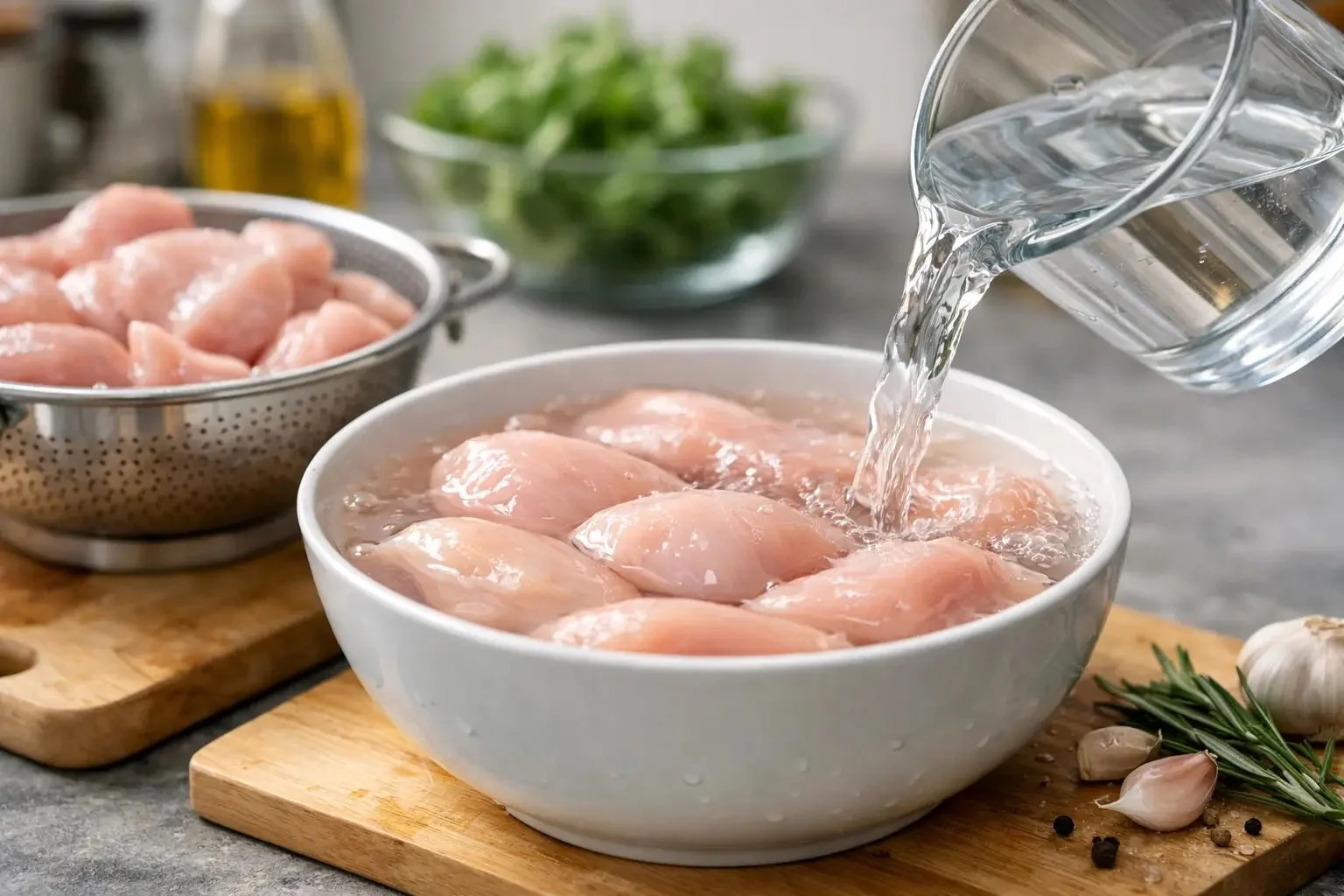 Water being poured from a glass jug into a white bowl of raw chicken breast pieces, with a colander of more chicken, garlic and rosemary on a kitchen counter