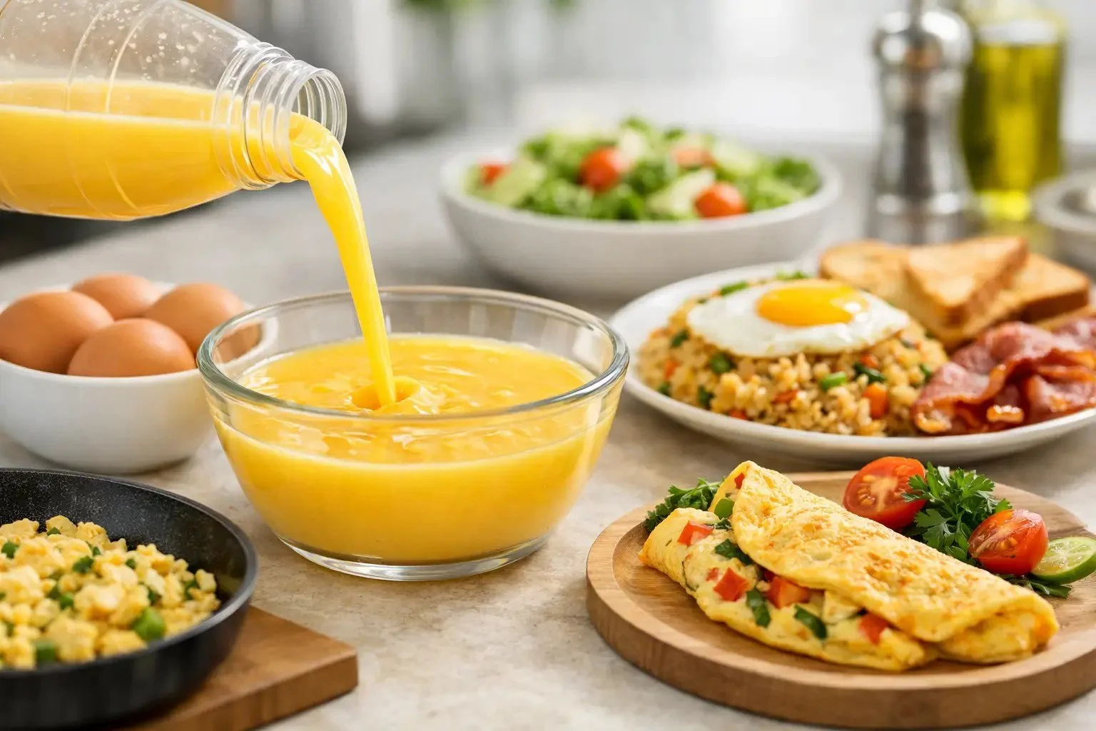 Telur cecair dituang dari botol ke dalam mangkuk kaca, di sisi omelet, telur hancur, nasi goreng dengan telur mata dan telur segar