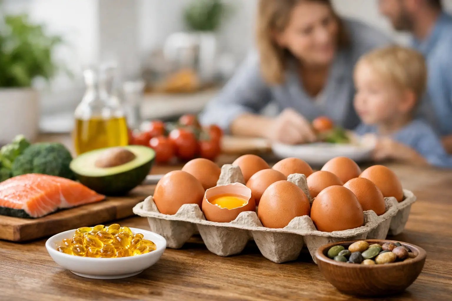 A paper tray of brown eggs with one cracked open to show the yolk, beside salmon, avocado, broccoli, a bowl of yellow capsules and a bowl of nuts, with a family at a table in the background