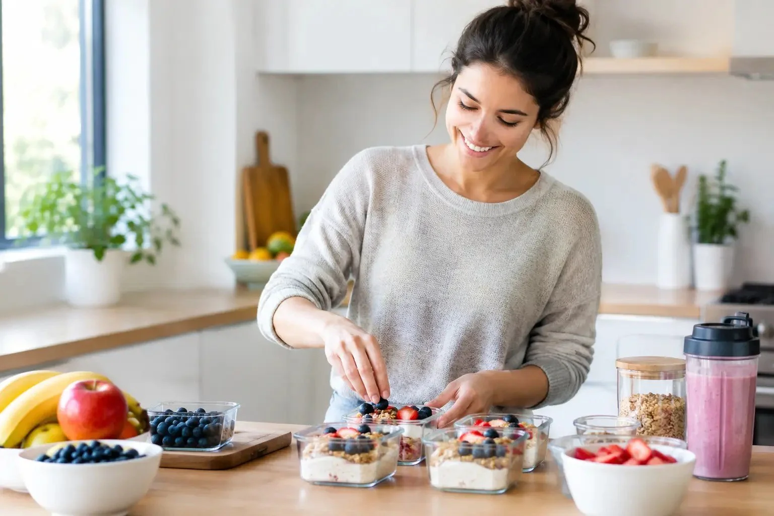 Woman preparing a quick breakfast in a bright home kitchen on a busy morning