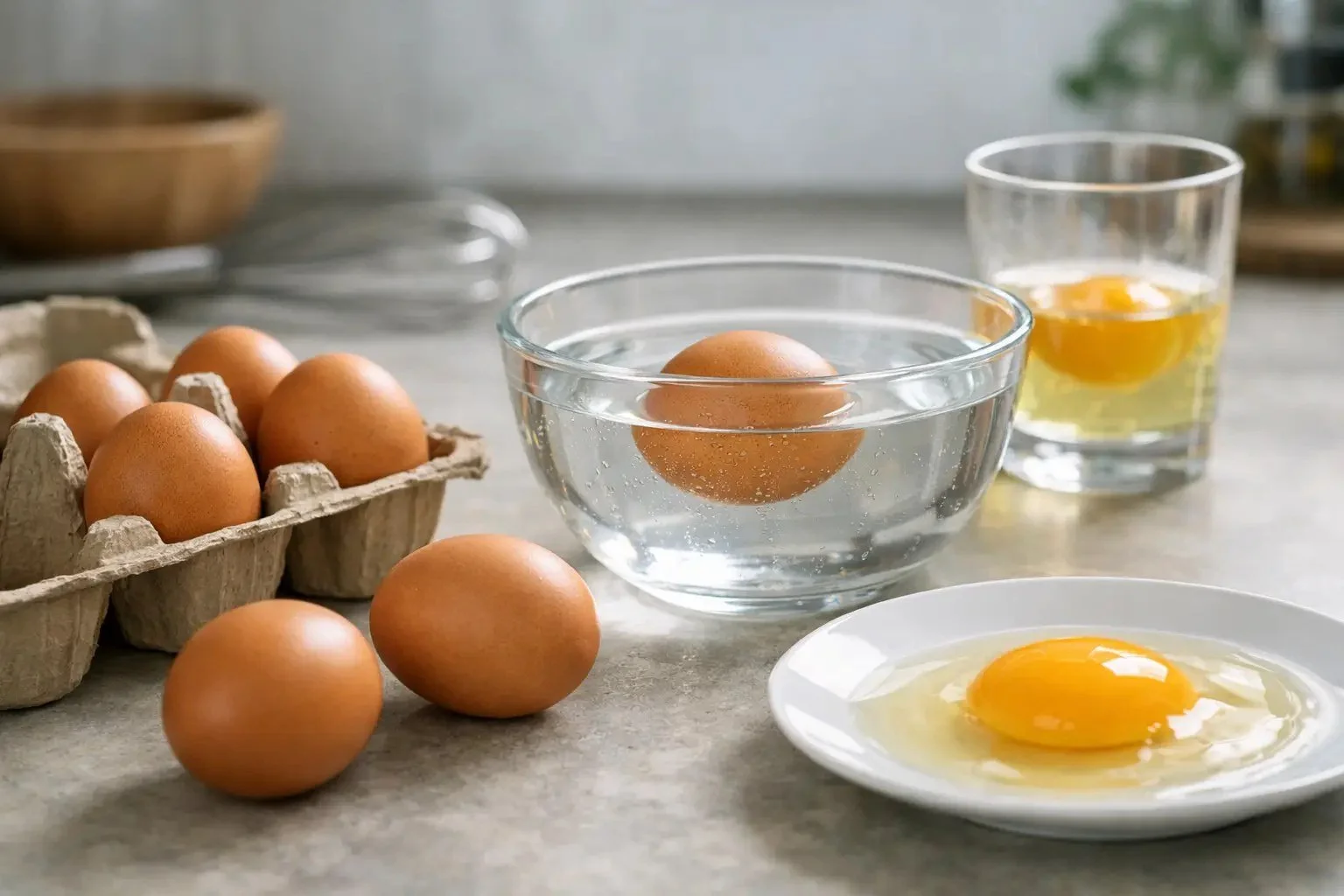 Brown egg in a glass bowl of water for a freshness test, beside a carton of eggs and a cracked egg on a plate