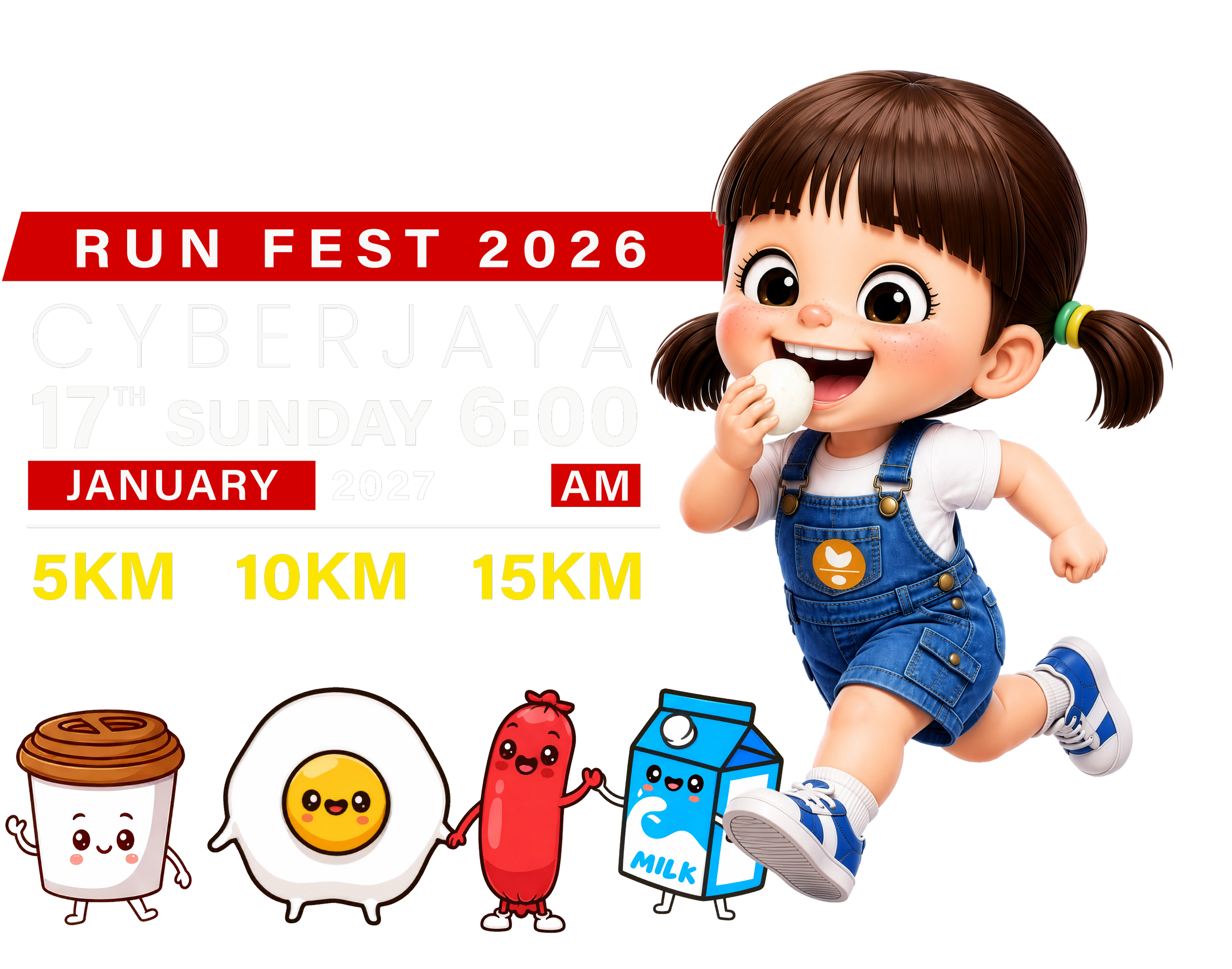Cute animated girl with brown hair in pigtails, wearing a white t-shirt, blue overalls, and sneakers, sitting next to a colorful event poster for Run Fest 2026 in January 2027.