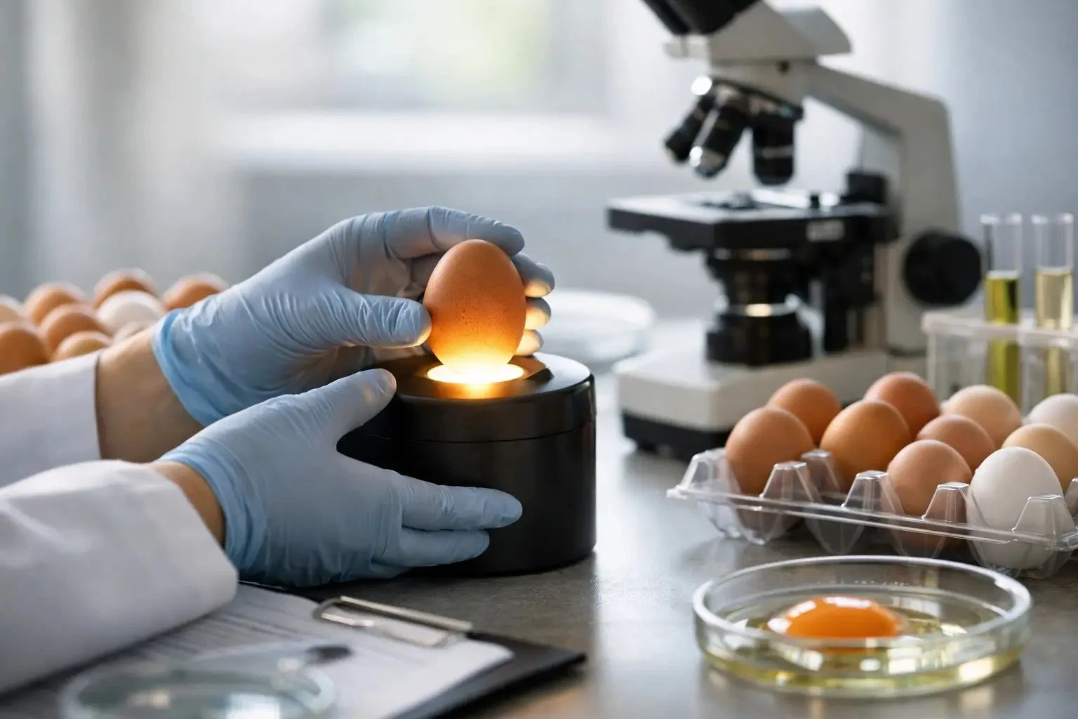 Gloved hands holding a brown egg over a candling light, with a microscope, a tray of eggs and a cracked egg in a glass dish