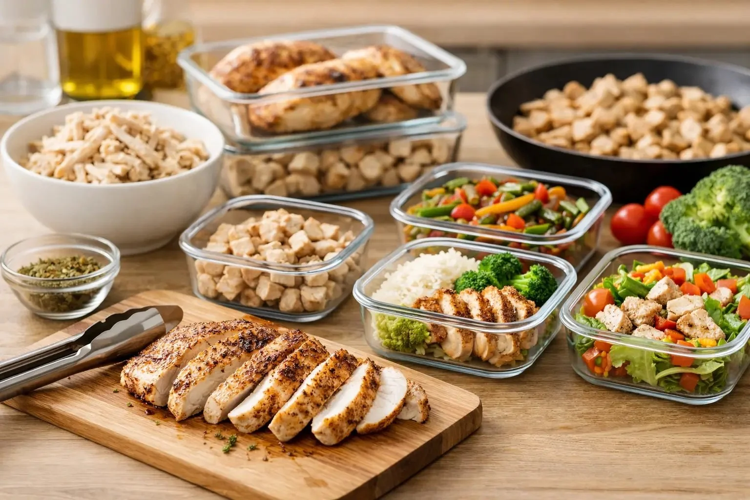 Sliced seasoned grilled chicken breast on a wooden board with tongs, surrounded by glass containers of diced chicken, rice, broccoli, mixed vegetables and salad, and a pan of diced chicken