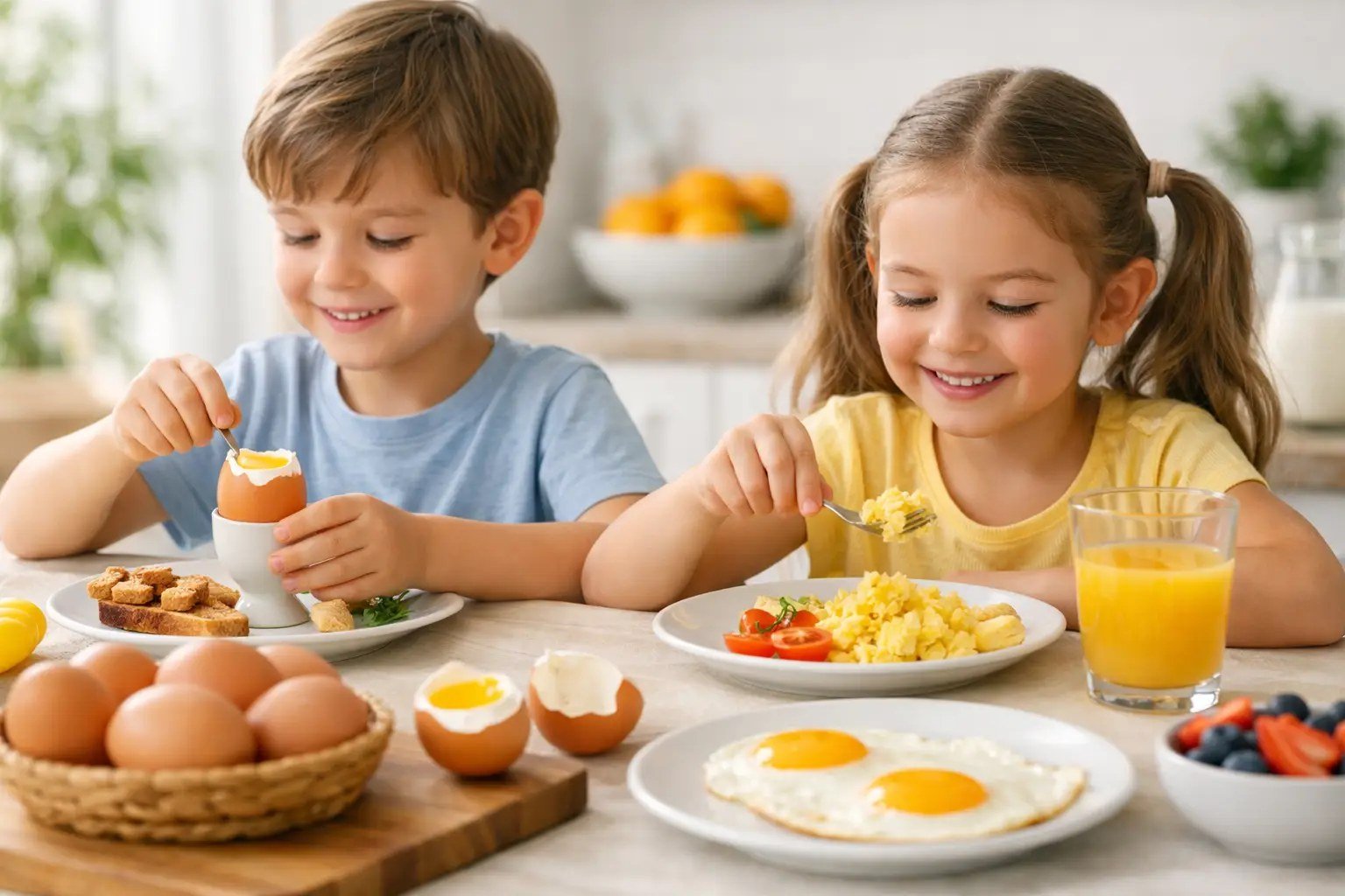 Two young children eating a boiled egg and scrambled eggs at a breakfast table with fried eggs, juice and a basket of brown eggs