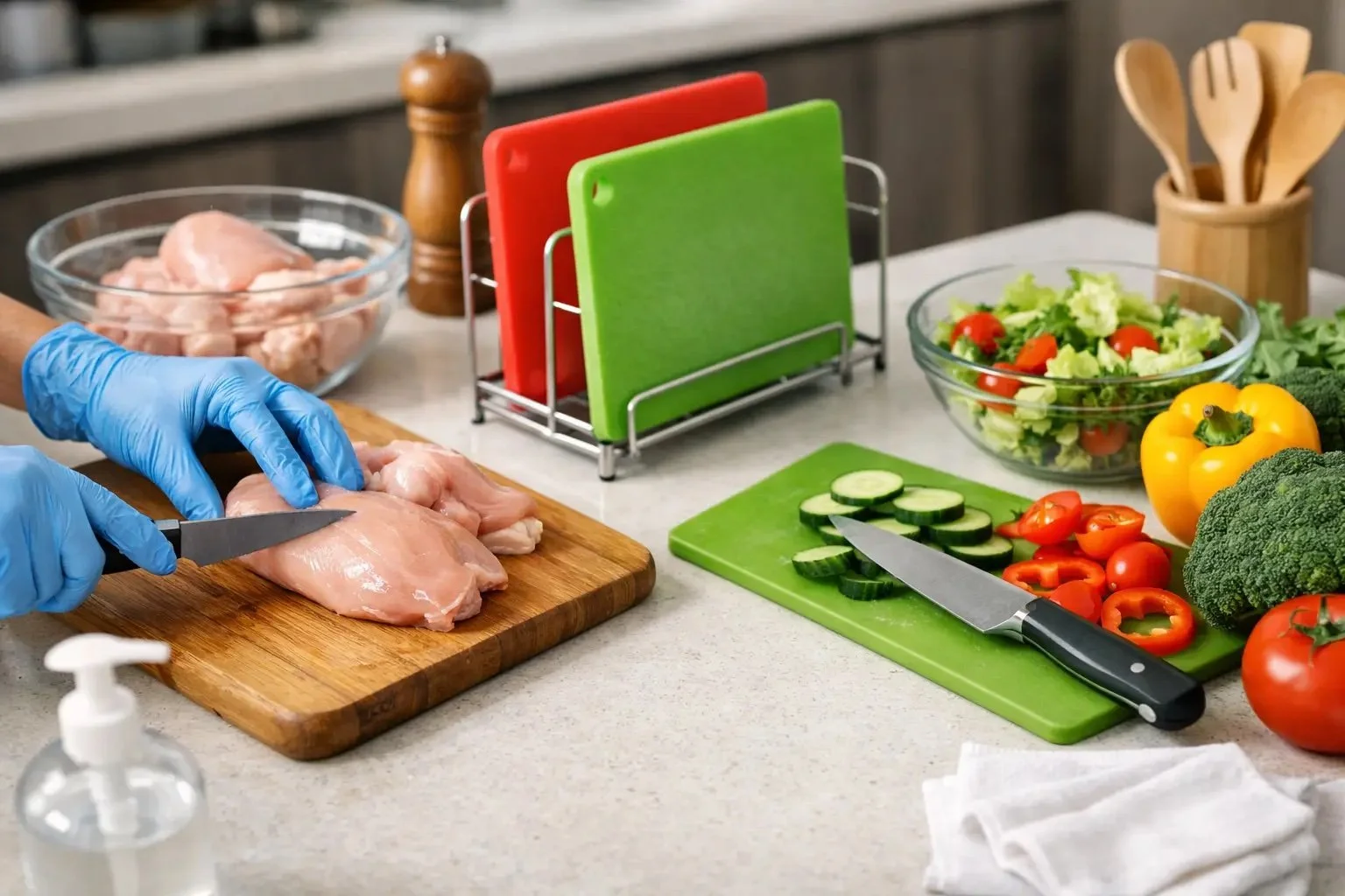 Gloved hands slicing raw chicken breast on a wooden board on one side of a kitchen counter, with cucumber, capsicum, tomatoes and a salad bowl prepared on a separate green board on the other side, and coloured cutting boards in a rack between them