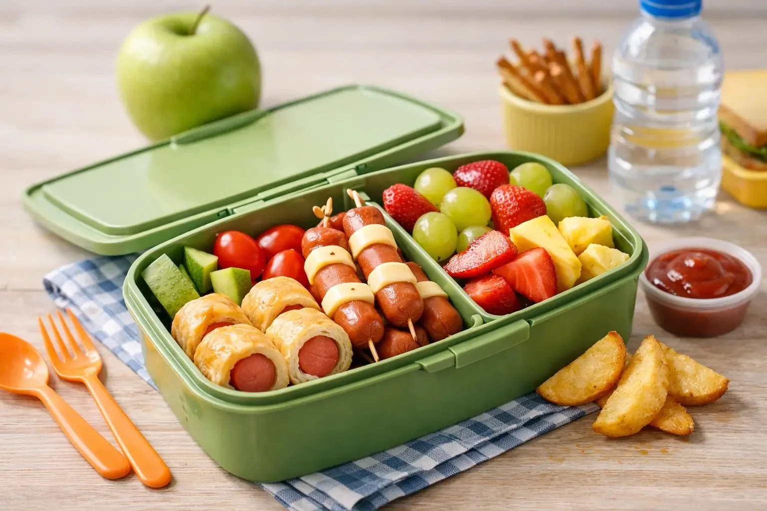 A green two-compartment lunchbox with frankfurter and cheese skewers, frankfurters rolled in thin omelette, cherry tomatoes, cucumber, grapes, strawberries and pineapple, beside an apple, potato wedges, tomato sauce and a water bottle