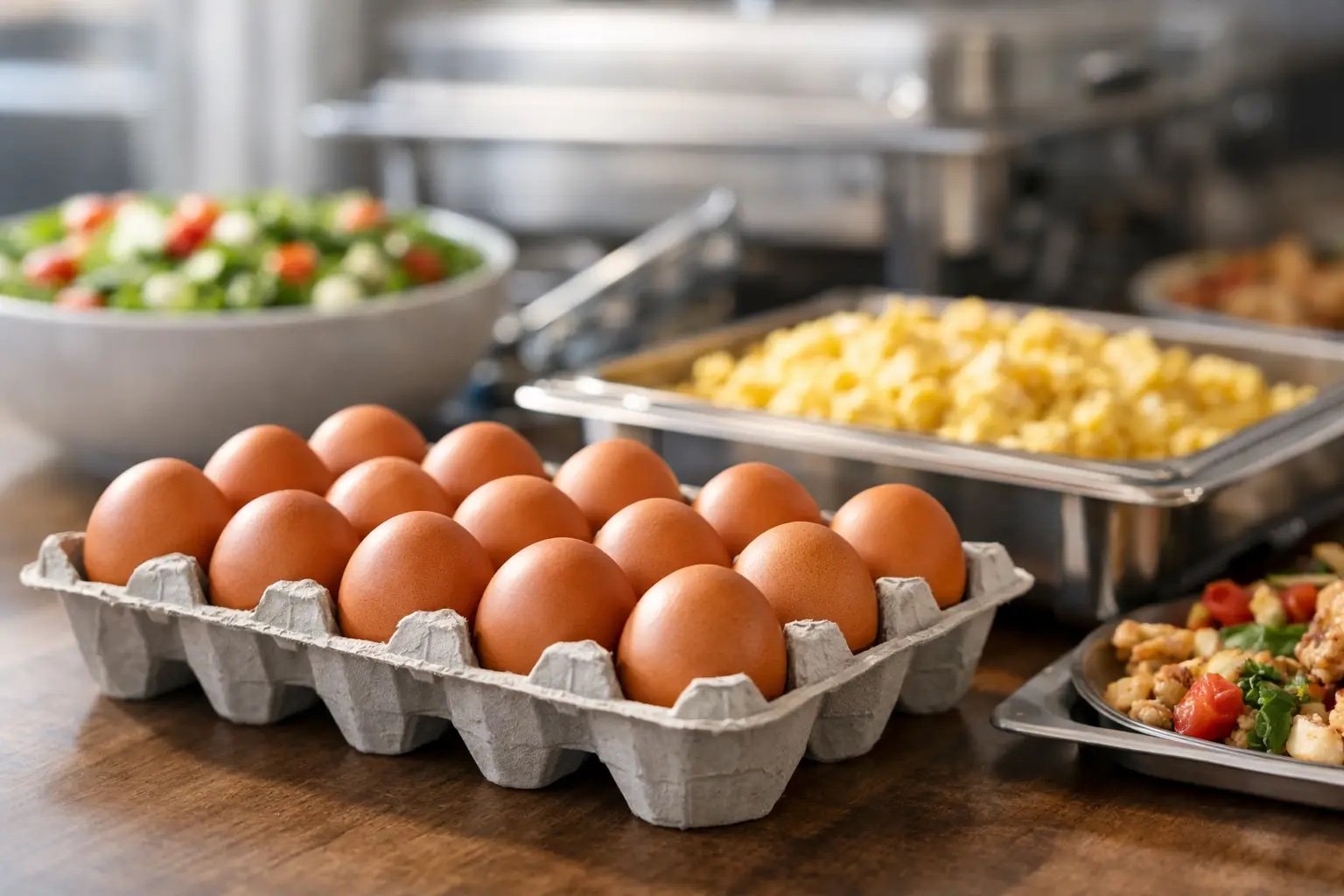 A tray of brown eggs on a wooden table in front of buffet chafing dishes of scrambled egg and stir-fried food, with a bowl of salad behind