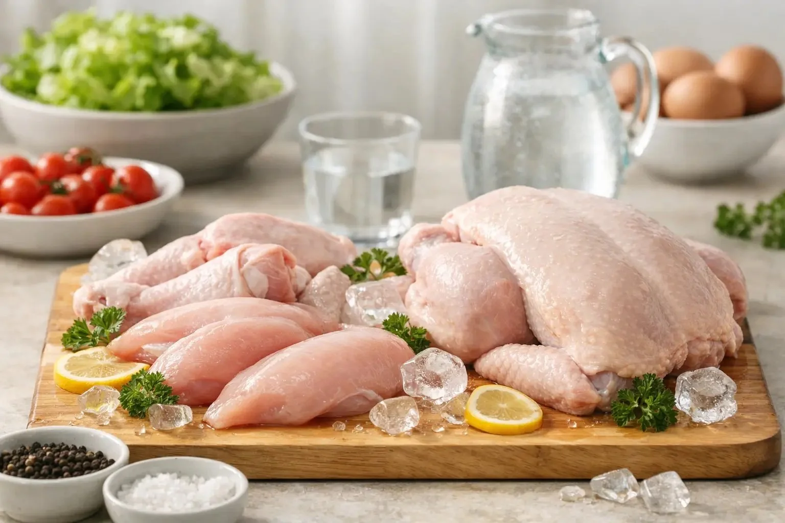 Raw chicken breasts, thighs and a whole chicken on a wooden board with ice cubes, lemon slices and parsley, with salad, cherry tomatoes, eggs and a water jug in the background