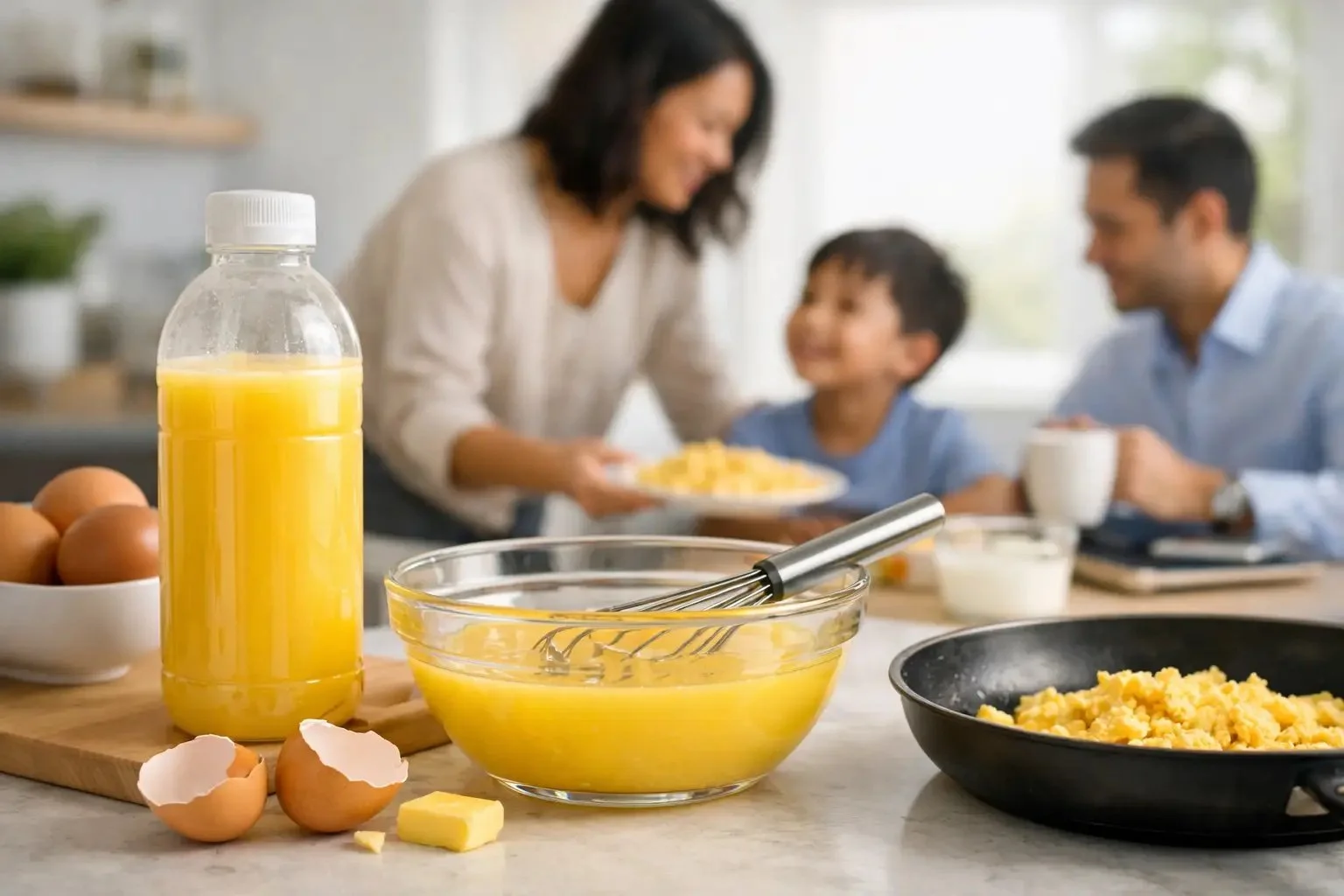 A bottle of yellow liquid egg beside a glass bowl of beaten egg with a whisk, cracked eggshells and a pan of scrambled egg, with a family at a table in the background