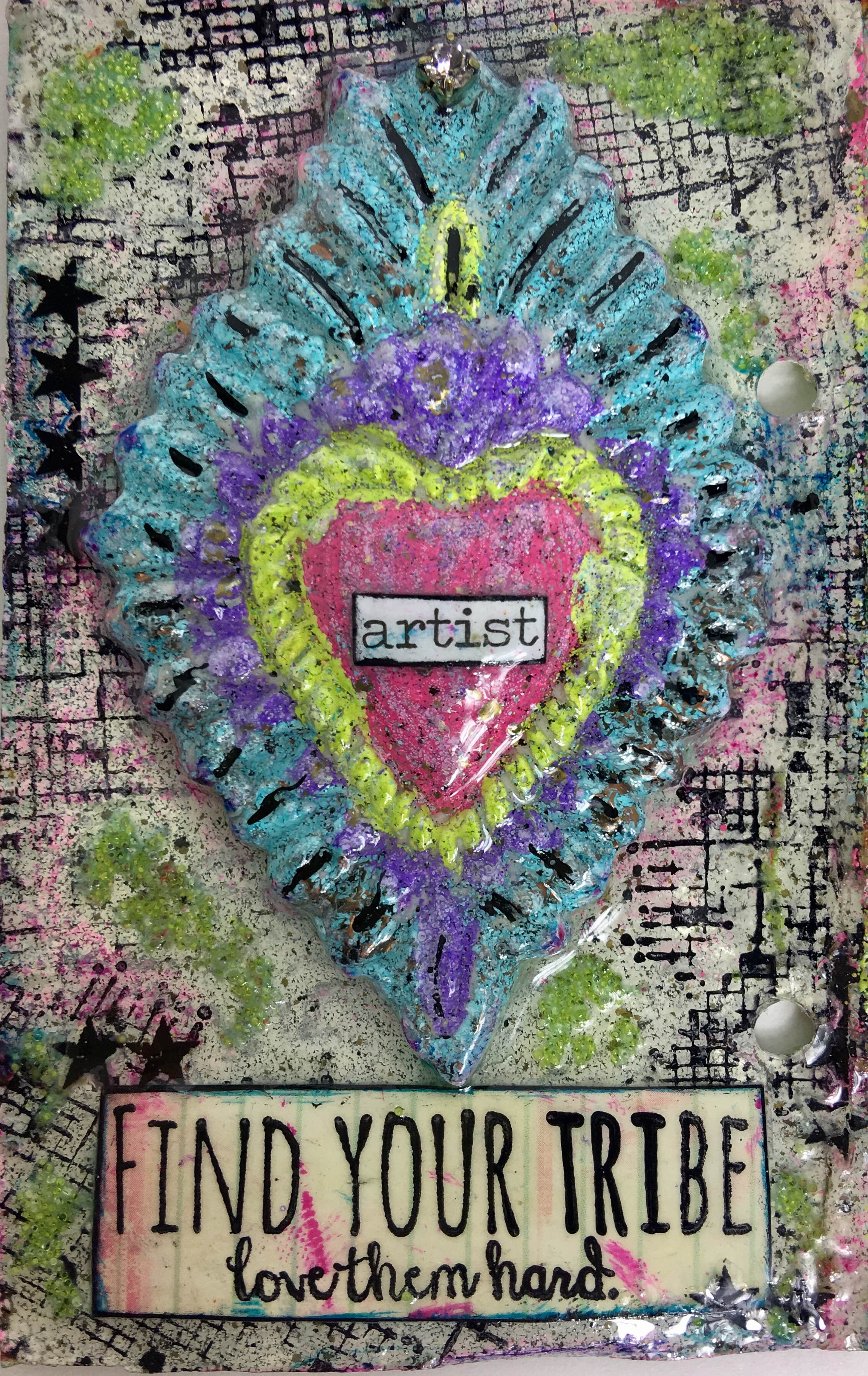Ex Votos heart painted with Iced Enamels®, more stamping and an Ice Resin® layer over top