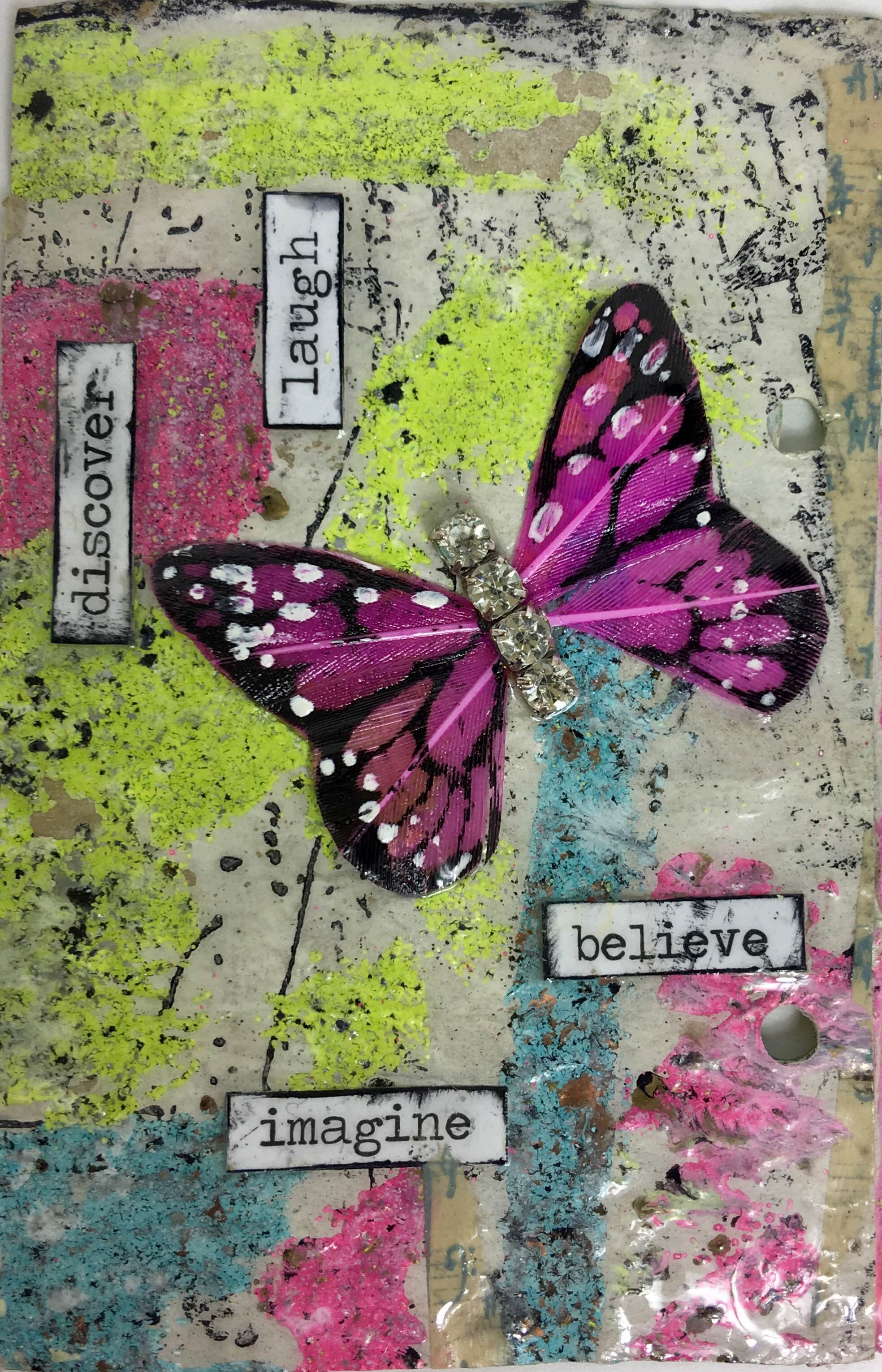 Washi tape, stickers, Bohemian Jewels, a feather butterfly, Iced Enamels® and Ice Resin®