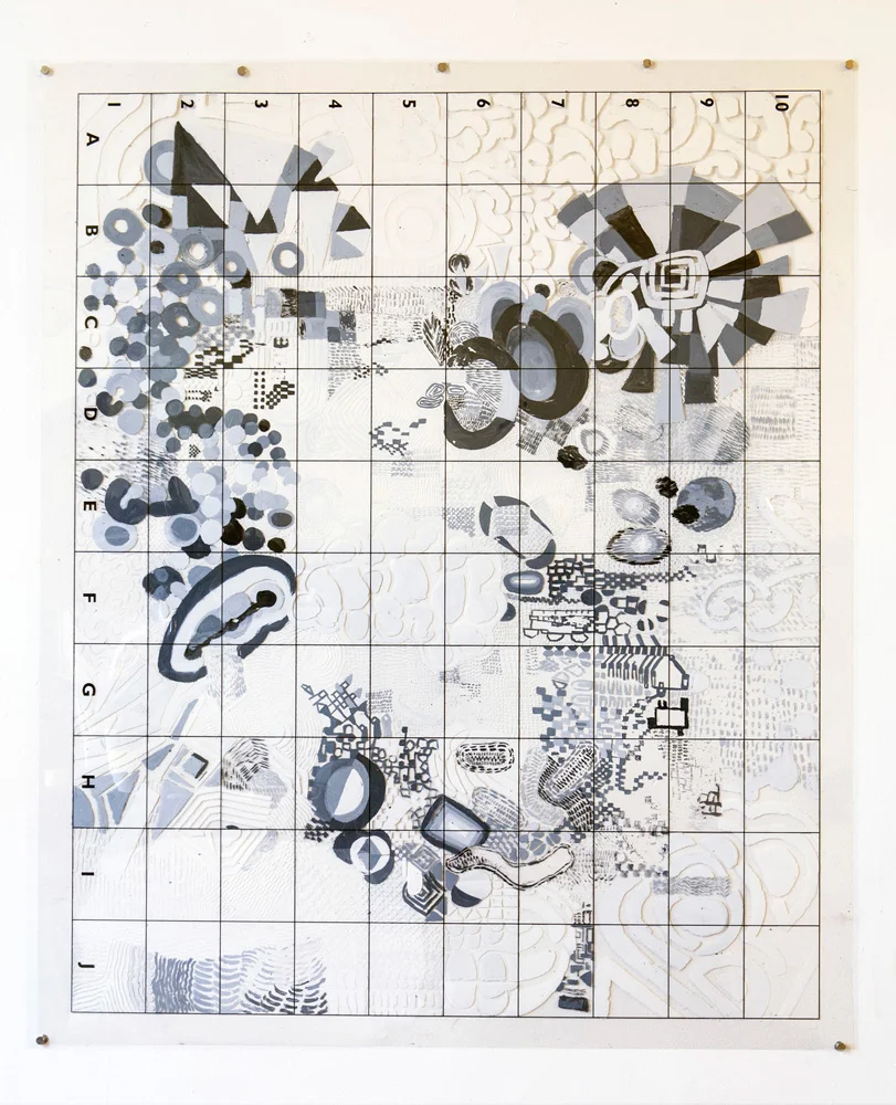 Radio Controlled Safety Fuse | Tina Douglas | Acrylic paint on printed acetate grid | 91.5 x 110cm | 2012 | Remote Access | Place Gallery, Melbourne| 2013
