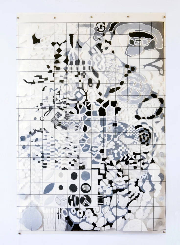 Eavesdropping-Fabricator | Tina Douglas | 93.5 x 137cm | Acrylic paint on printed acetate grid | Remote Access | Place Gallery | Melbourne 2013
