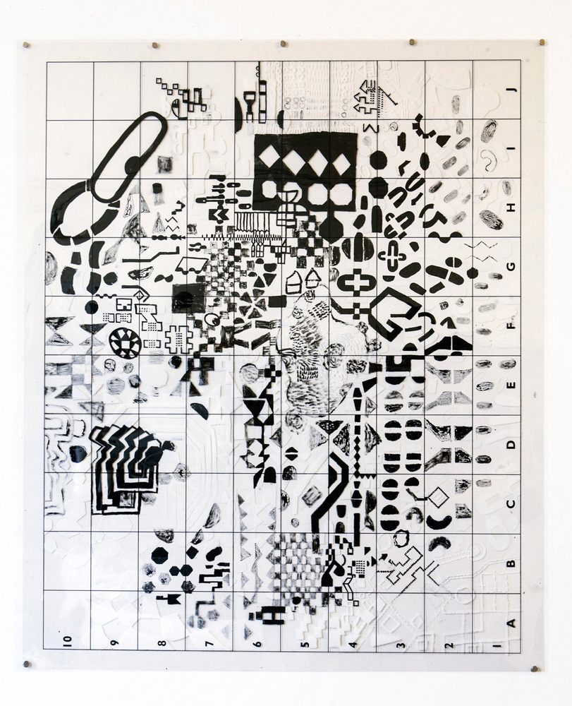 Safe Keeping Ubends | Tina Douglas | 91.5 x 110cm | Acrylic paint on printed acetate grid | 2012 | Remote Access | Place Gallery, Melbourne | 2013