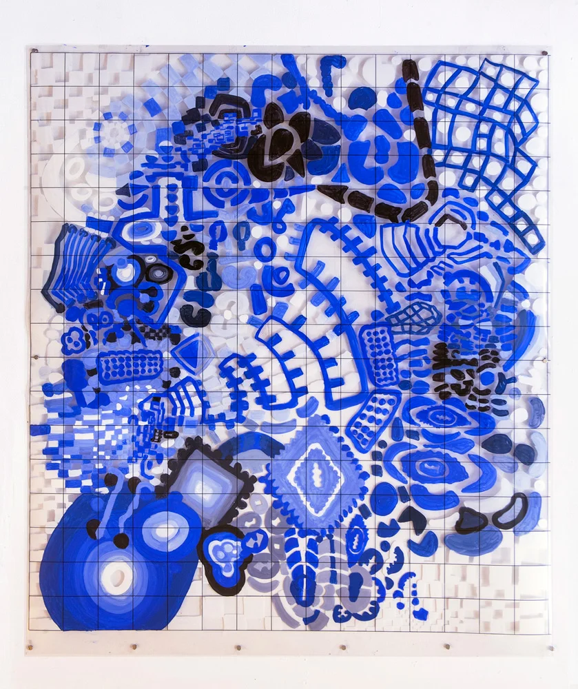 A Bolt Out of the Blue | Tina Douglas | 118.6 x 137cm | Acrylic paint on printed acetate grid | 2013 | Remote Access | Place Gallery, Melbourne | 2013