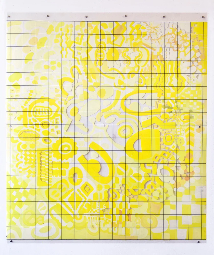 Frazzle-Engine | Tina Douglas | 118.6 x 137cm | Acrylic paint on printed acetate grid | 2013 | Remote Access | Place Gallery, Melbourne | 2013