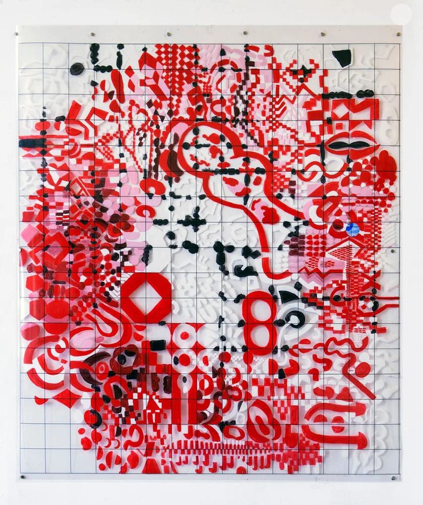 Accountable Alcho-Pop | Tina Douglas | 146 x 137cm | Acrylic paint on printed acetate grid | 2013 | Remote Access | Place Gallery, Melbourne | 2013