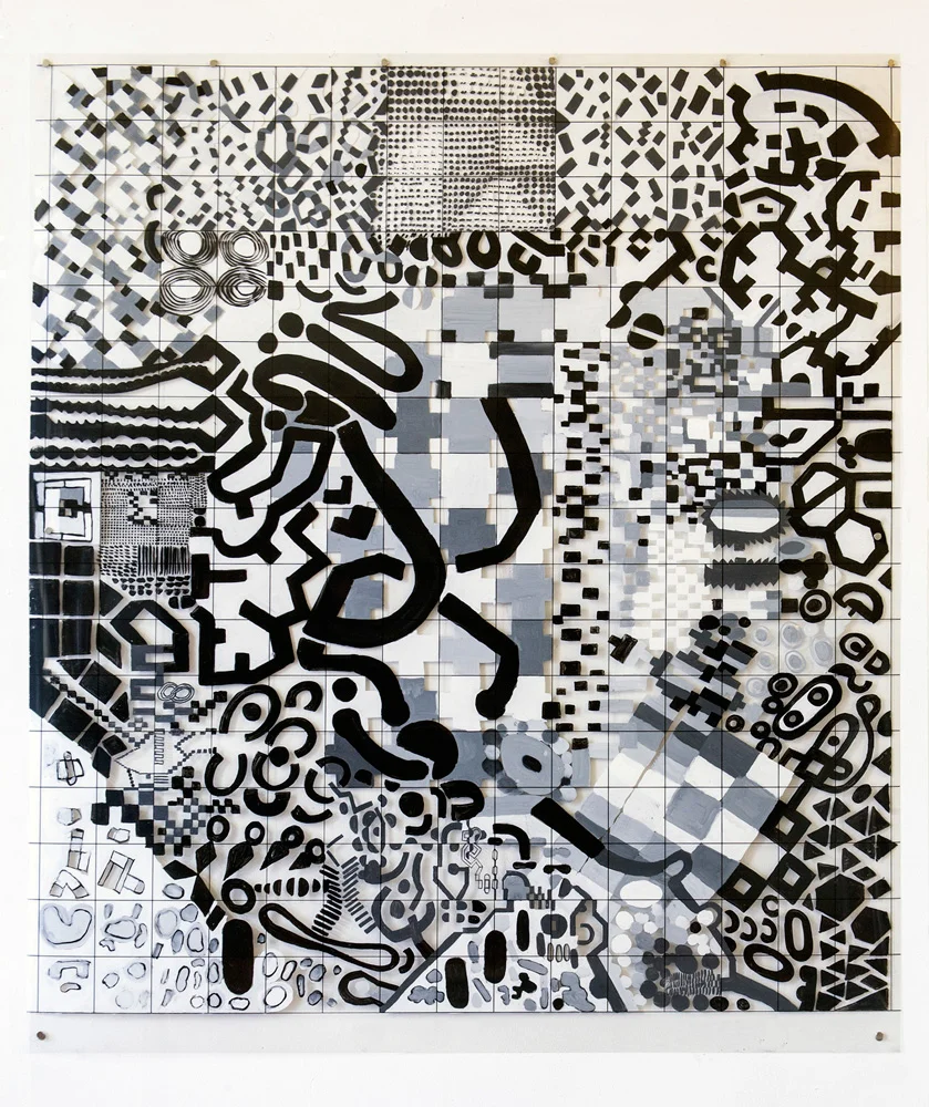 Lace-Up or Obey | Tina Douglas | 116.6 × 137cm | Acrylic paint on printed acetate grid | 2013 | Remote Access | Place Gallery, Melbourne | 2013