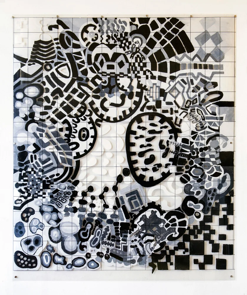A Obfuscating Pac-Man | Tina Douglas | 115 x 137cm | Acrylic paint on printed acetate grid | Remote Access | Place Gallery, Melbourne | 2013