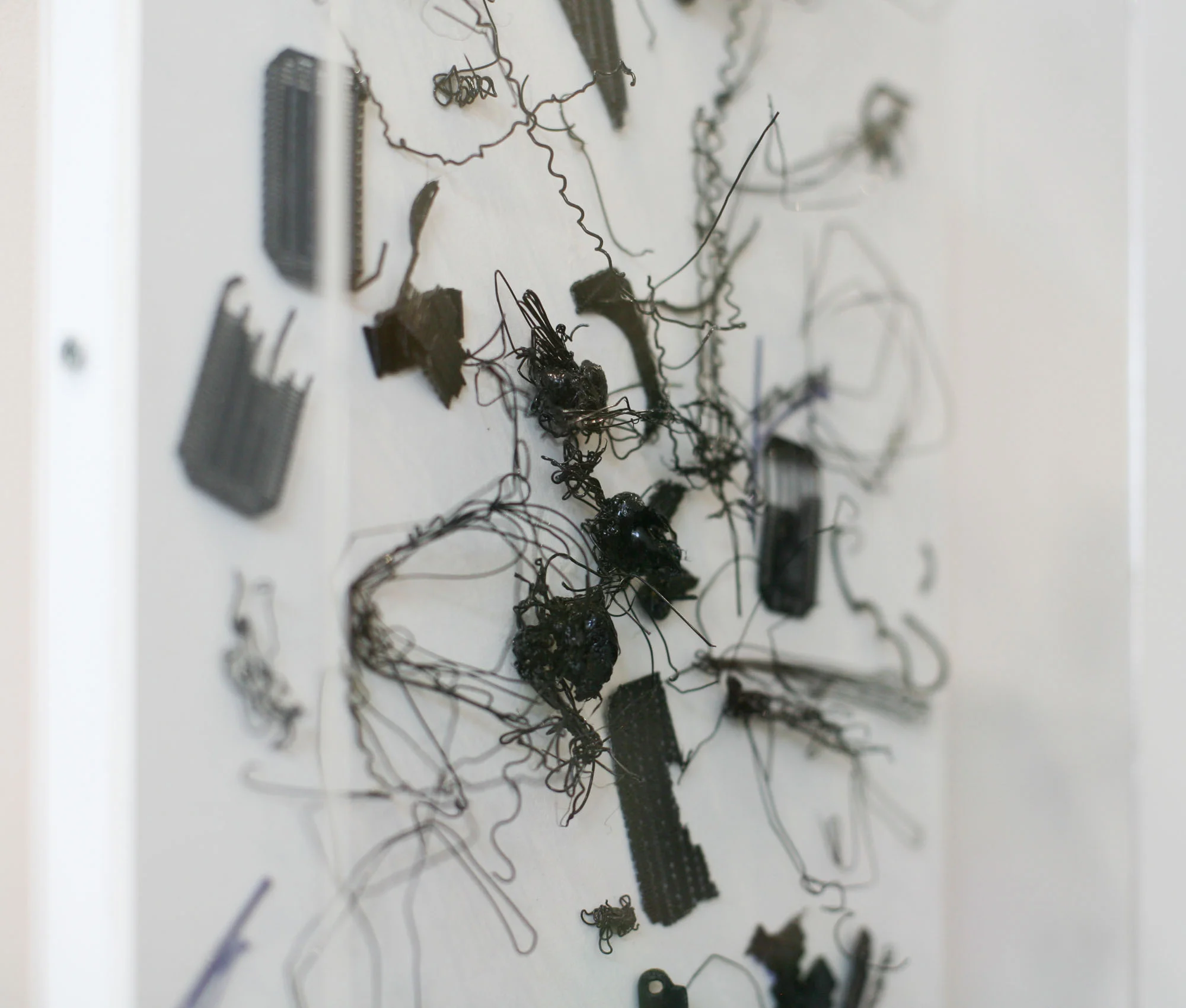 Tina Douglas, scratchy 2019, 3D printed plastic errors on ragboard, 37.6 x 28.5 x 6 cm with acrylic box (detail)
