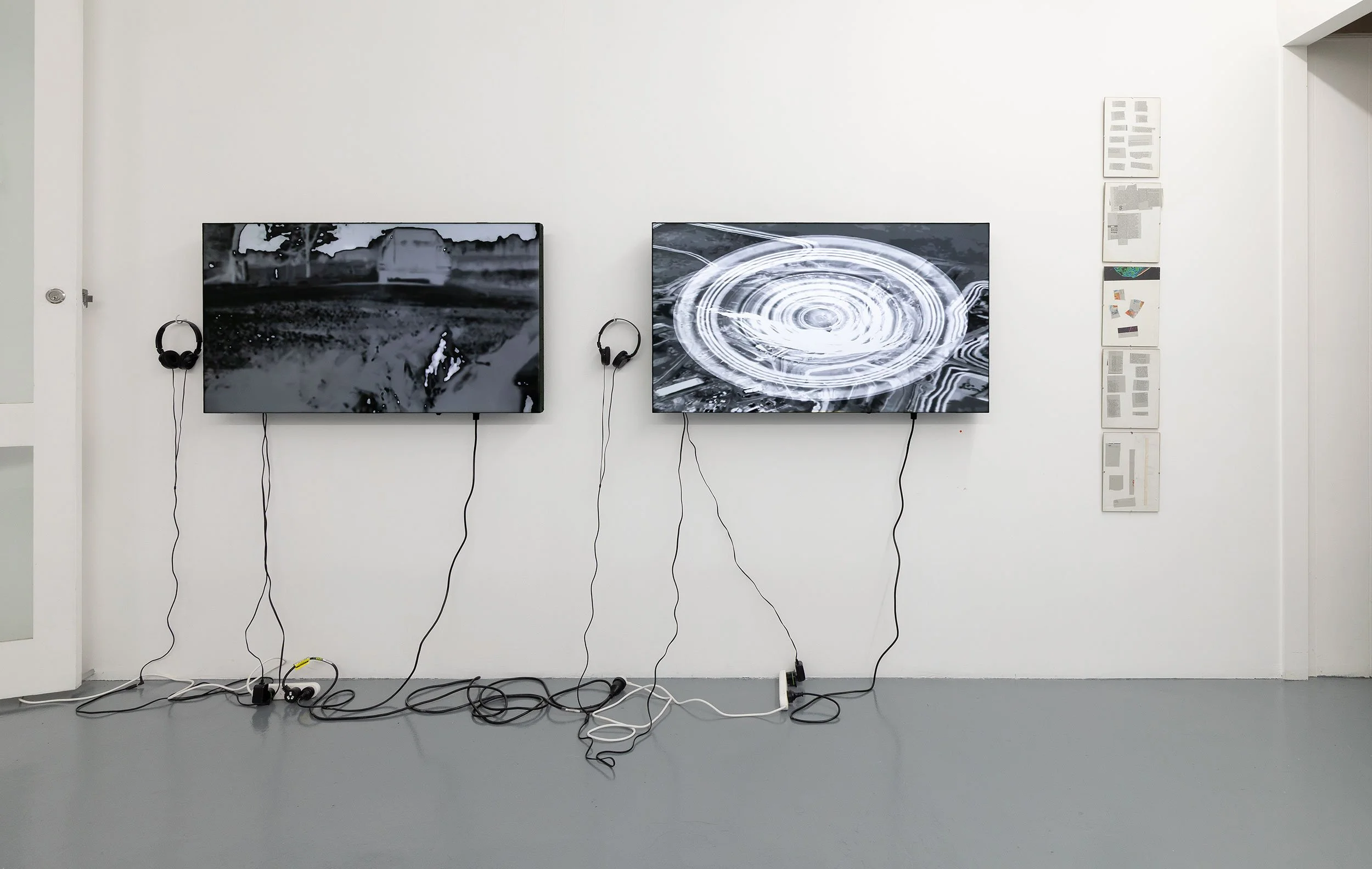 '100 ways to die' 2026, 1 channel video (16:22 min.), 'cut up' 1993, Scientific American collages,each 29.7 x 21 cm, framed