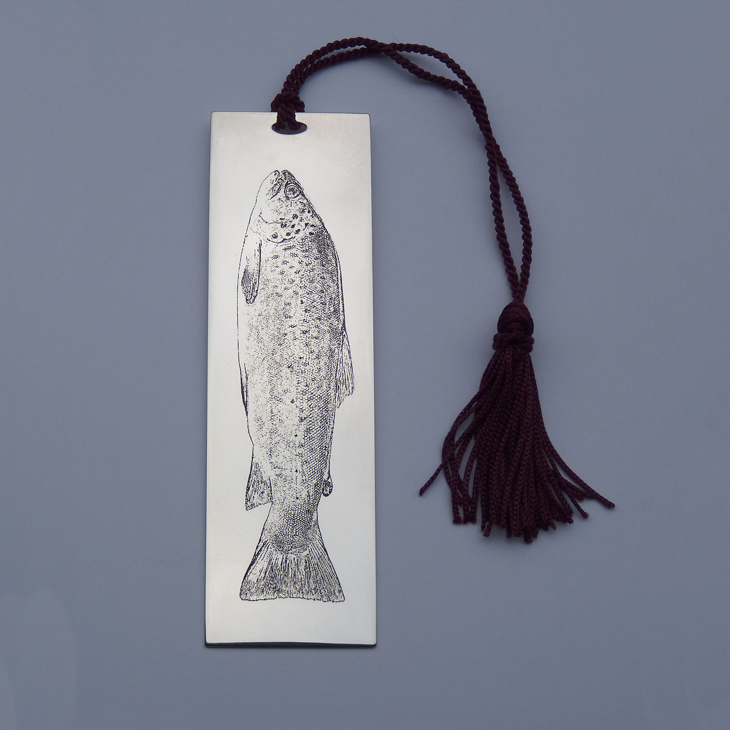 Silver bookmark by Leo Shirley-Smith "Brown Trout" design - Front