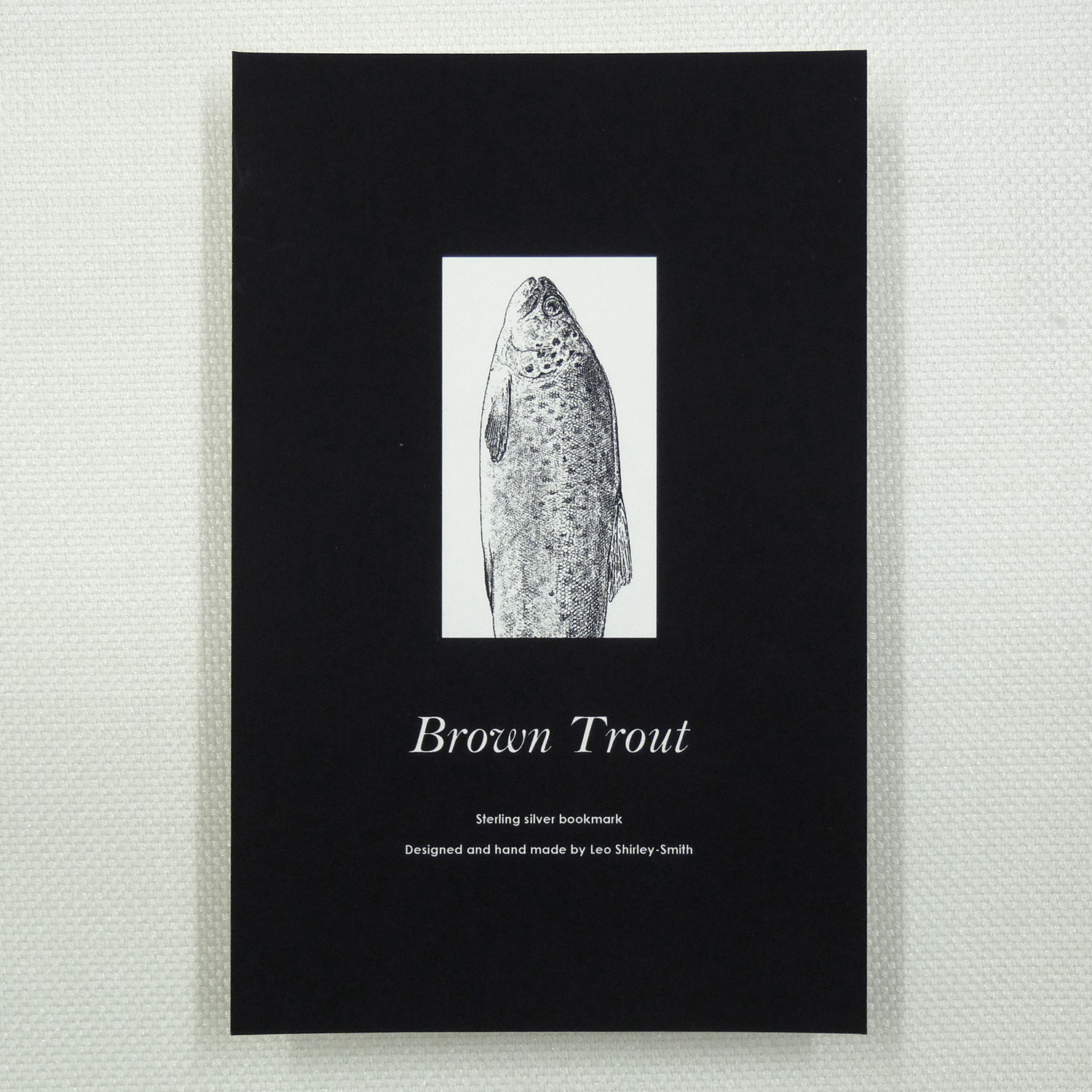 Silver bookmark by Leo Shirley-Smith "Brown Trout" design - Box Insert
