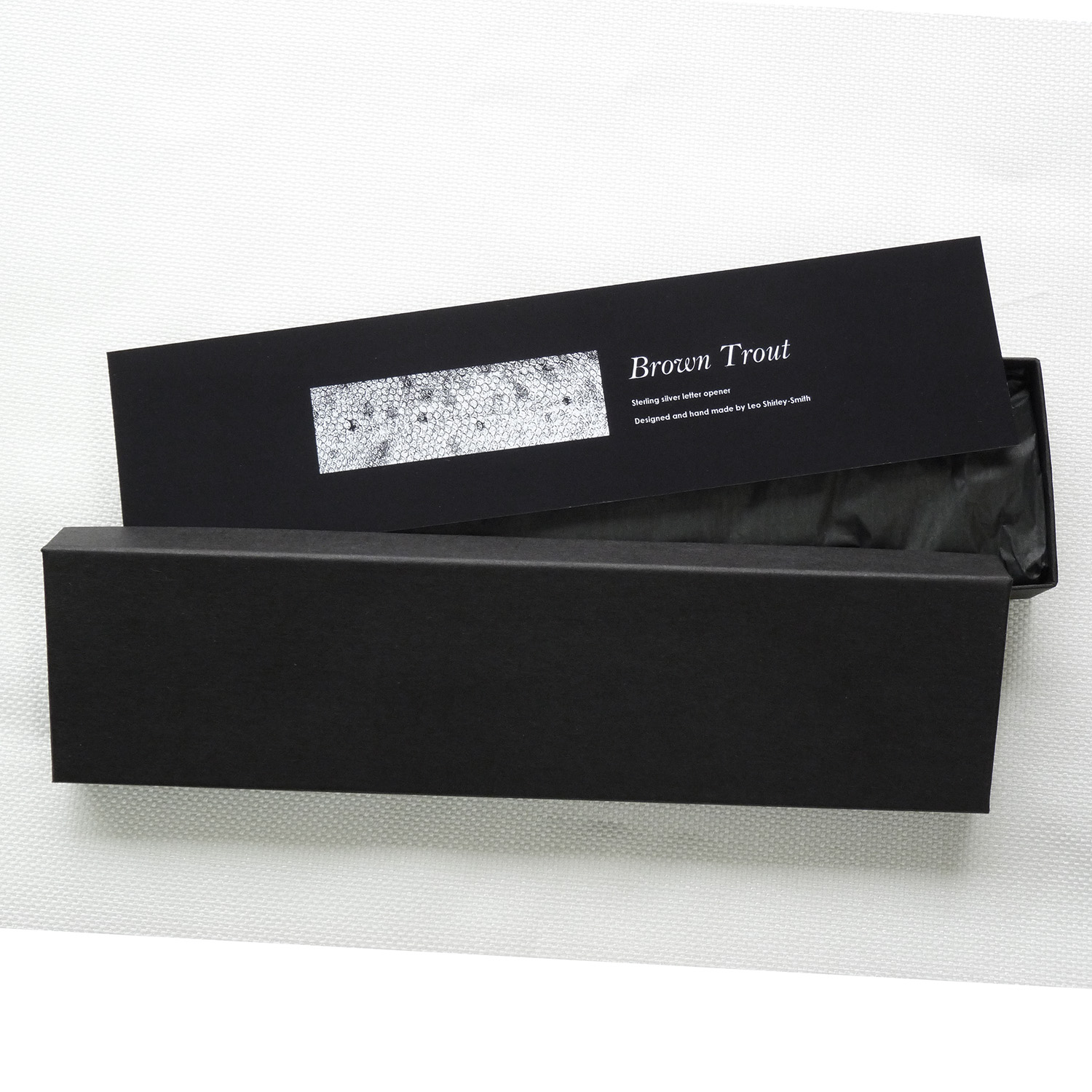 Silver letter opener by Leo Shirley-Smith "Brown Trout" design - Box