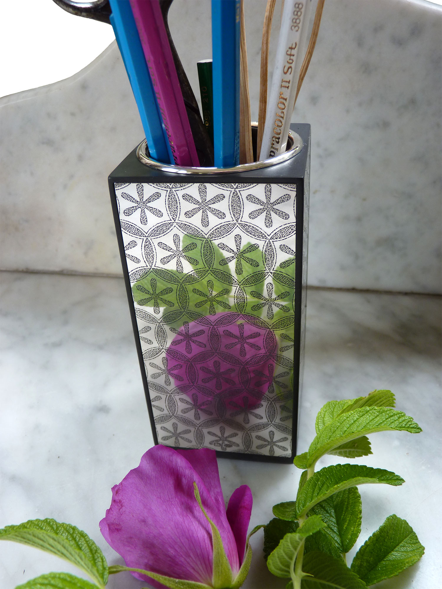 Silver vase by Leo Shirley-Smith "Japanese Ornamental Pattern No 1" design - Used as pen holder 1